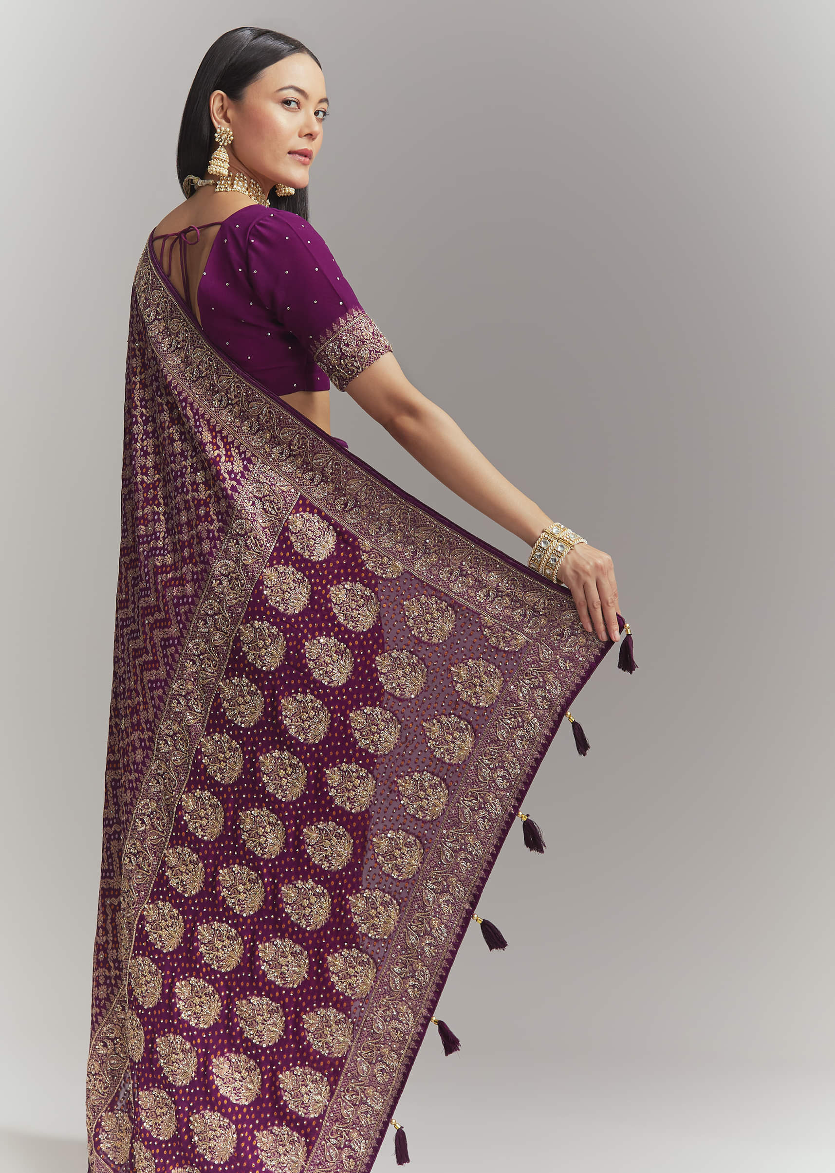 Purple Banarasi Georgette Embroidered Saree With Heavy Hand Embroidery - Image 6