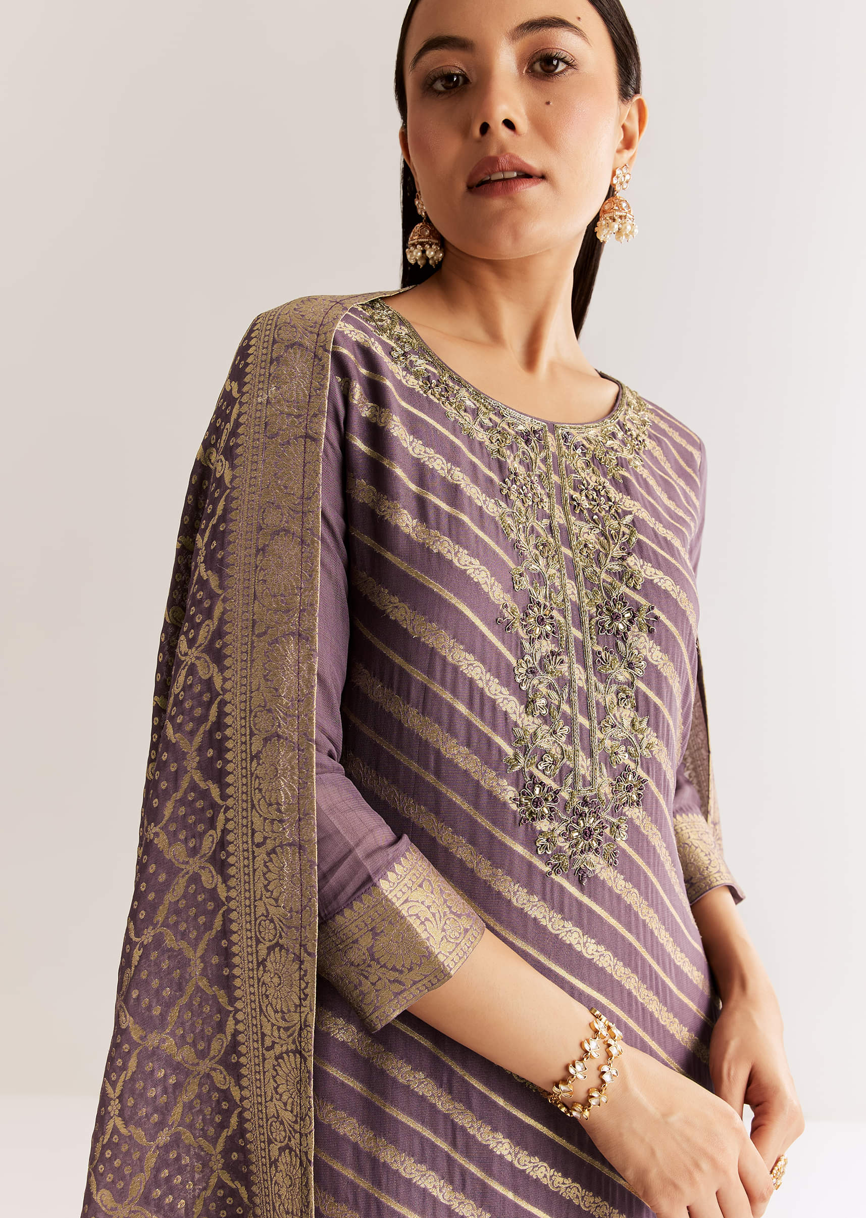 Purple Banarasi Georgette Kurta Set With Zardosi And Cutdana Work - Image 2