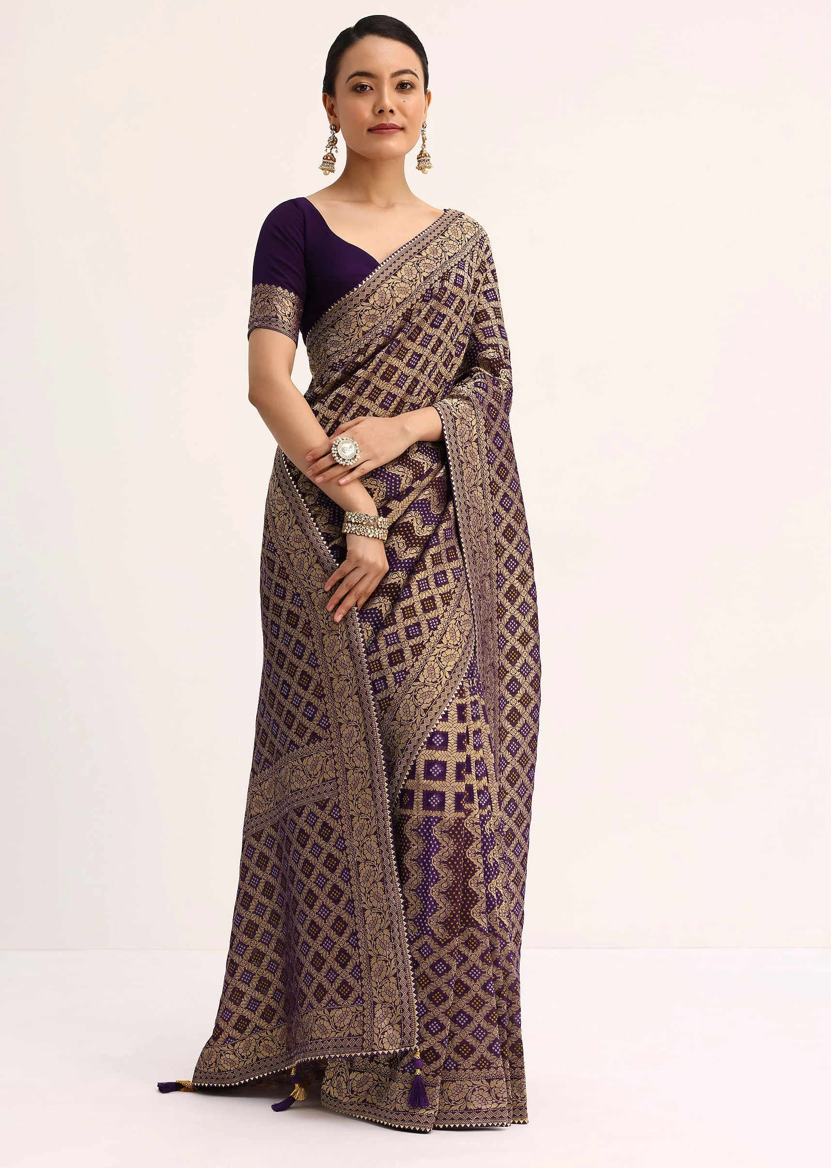 Purple Bandhani Tie Dye Ready To Wear Saree With Zari Jaal And Unstitched Blouse - Image 3