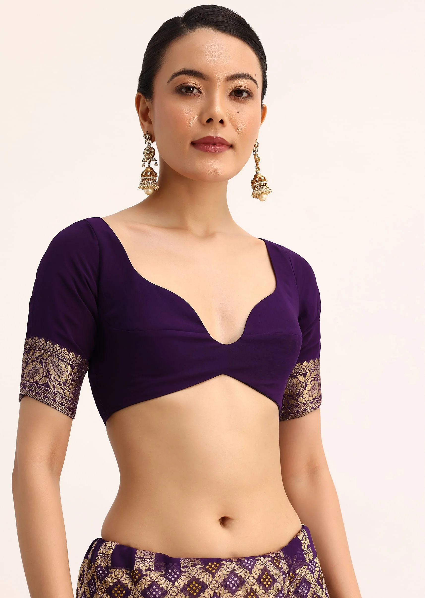 Purple Bandhani Tie Dye Ready To Wear Saree With Zari Jaal And Unstitched Blouse - Image 7
