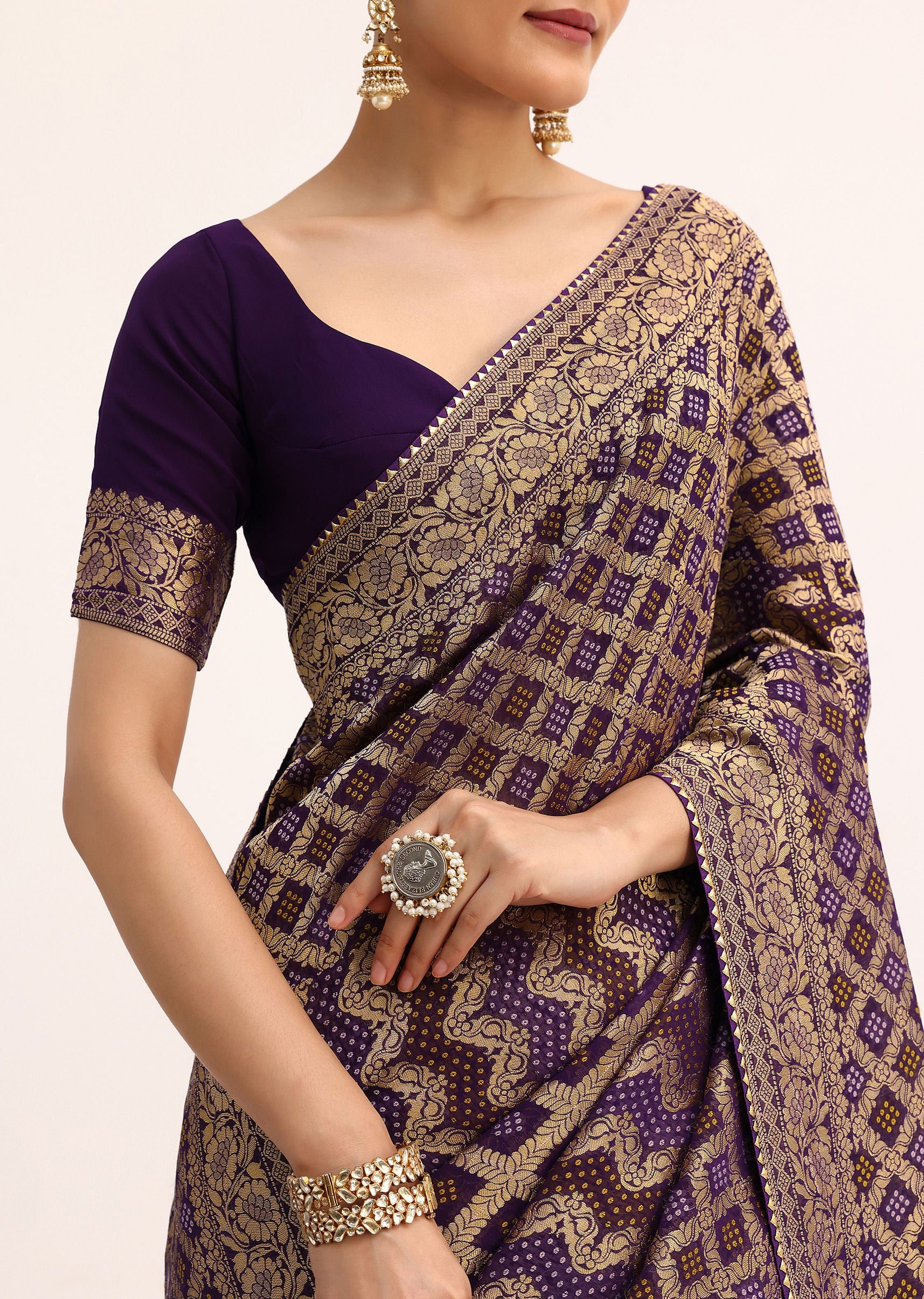 Purple Bandhani Tie Dye Saree With Zari Jaal And Unstitched Blouse - Image 5