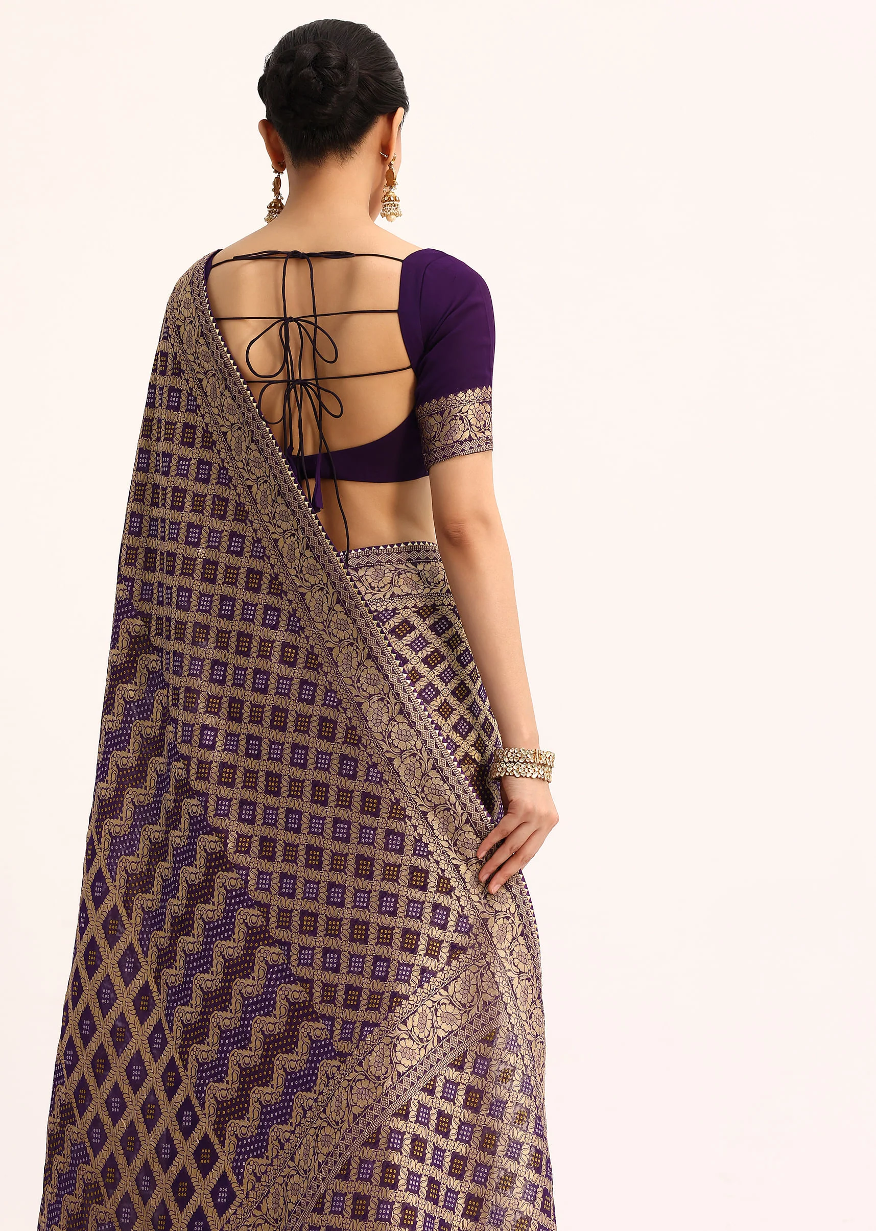 Purple Bandhani Tie Dye Saree With Zari Jaal And Unstitched Blouse - Image 6