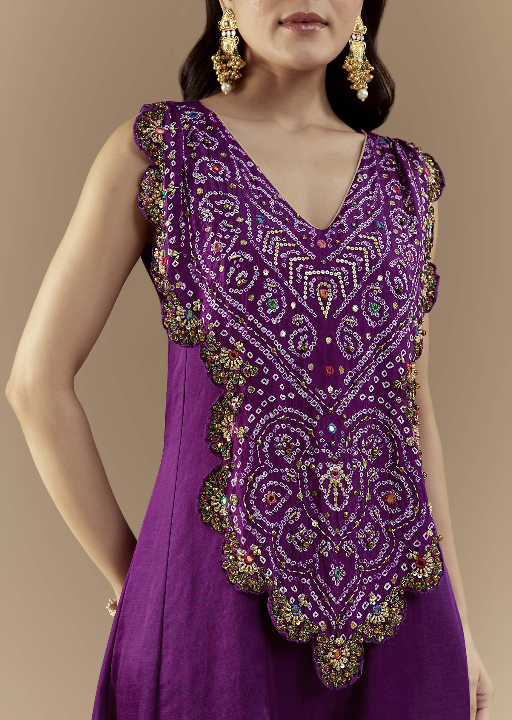 Purple Bandhani with Sequins Work Silk Jumpsuit - Image 2