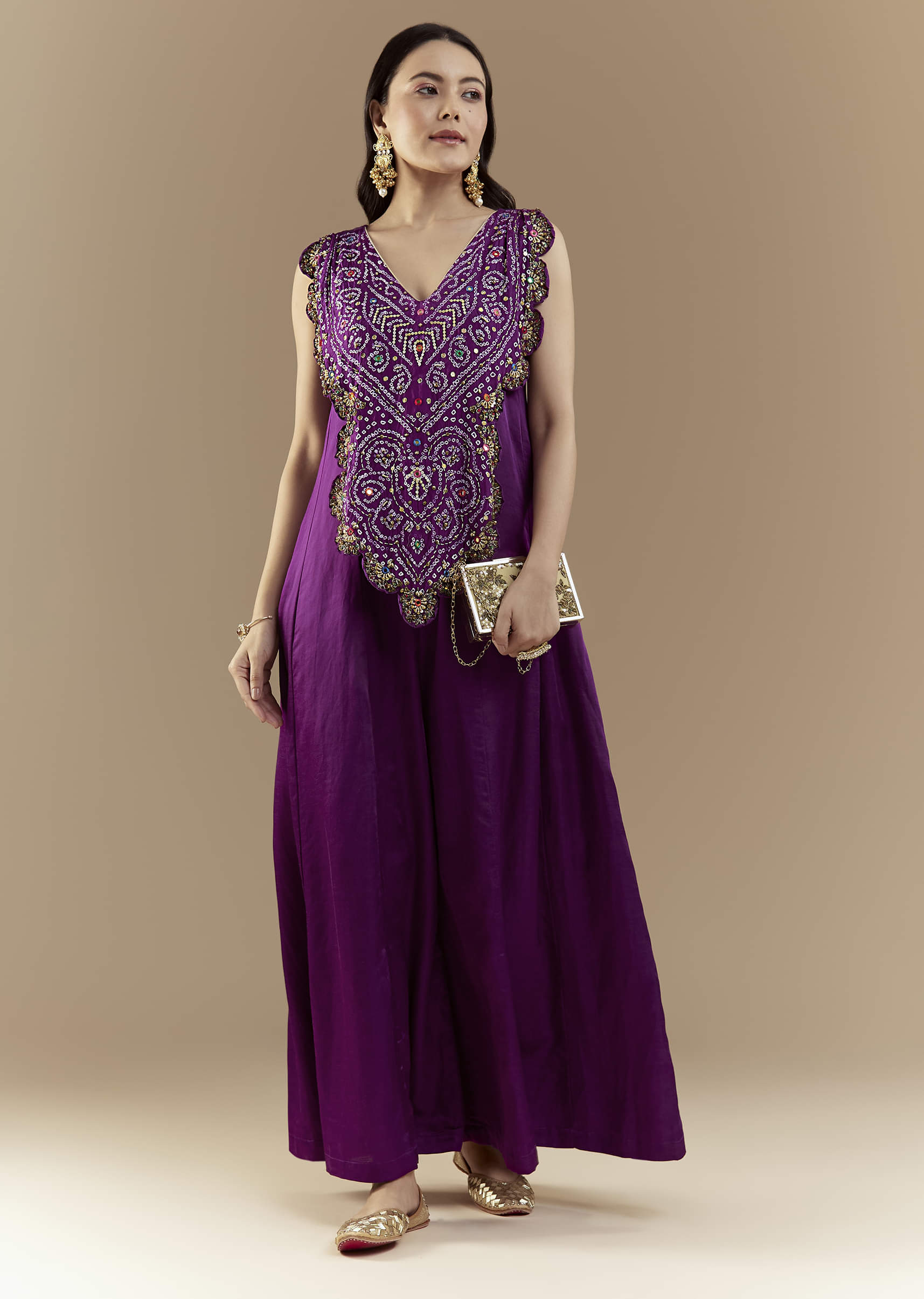 Purple Bandhani with Sequins Work Silk Jumpsuit - Image 3