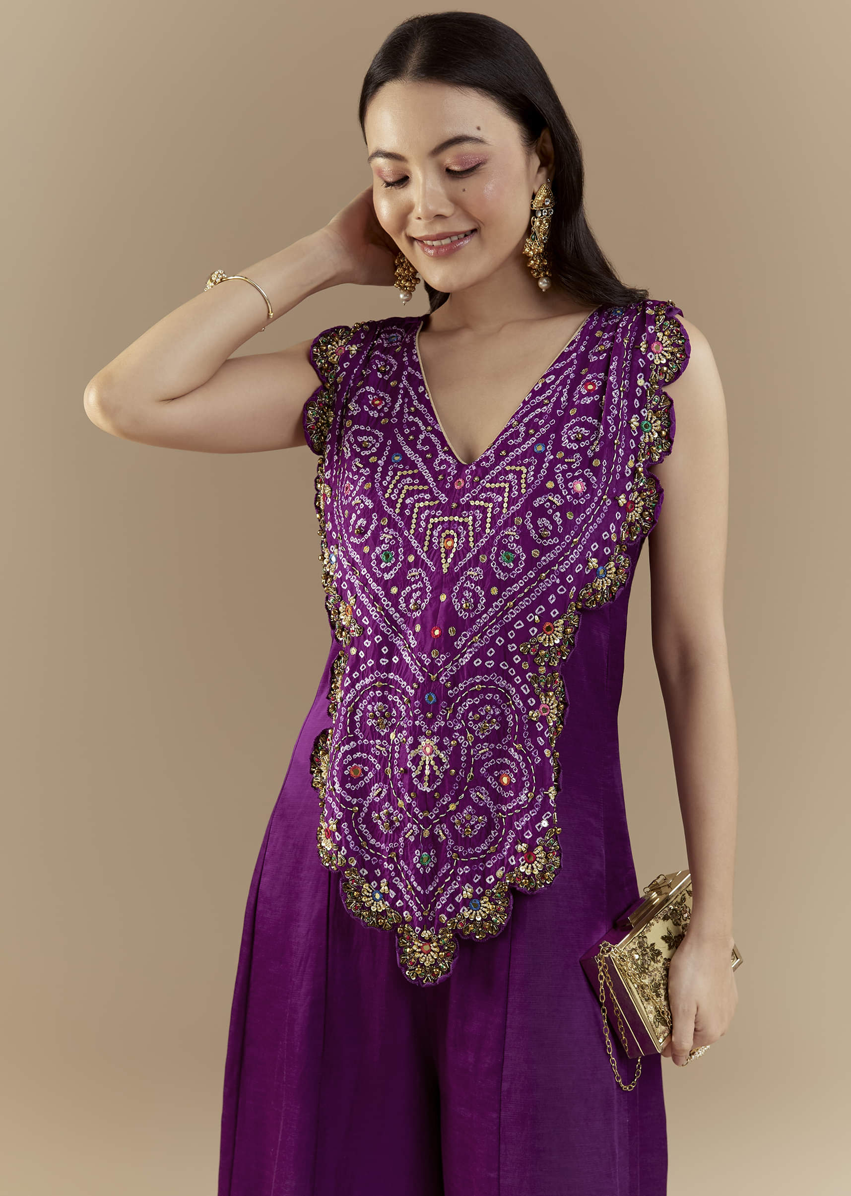 Purple Bandhani with Sequins Work Silk Jumpsuit - Image 4