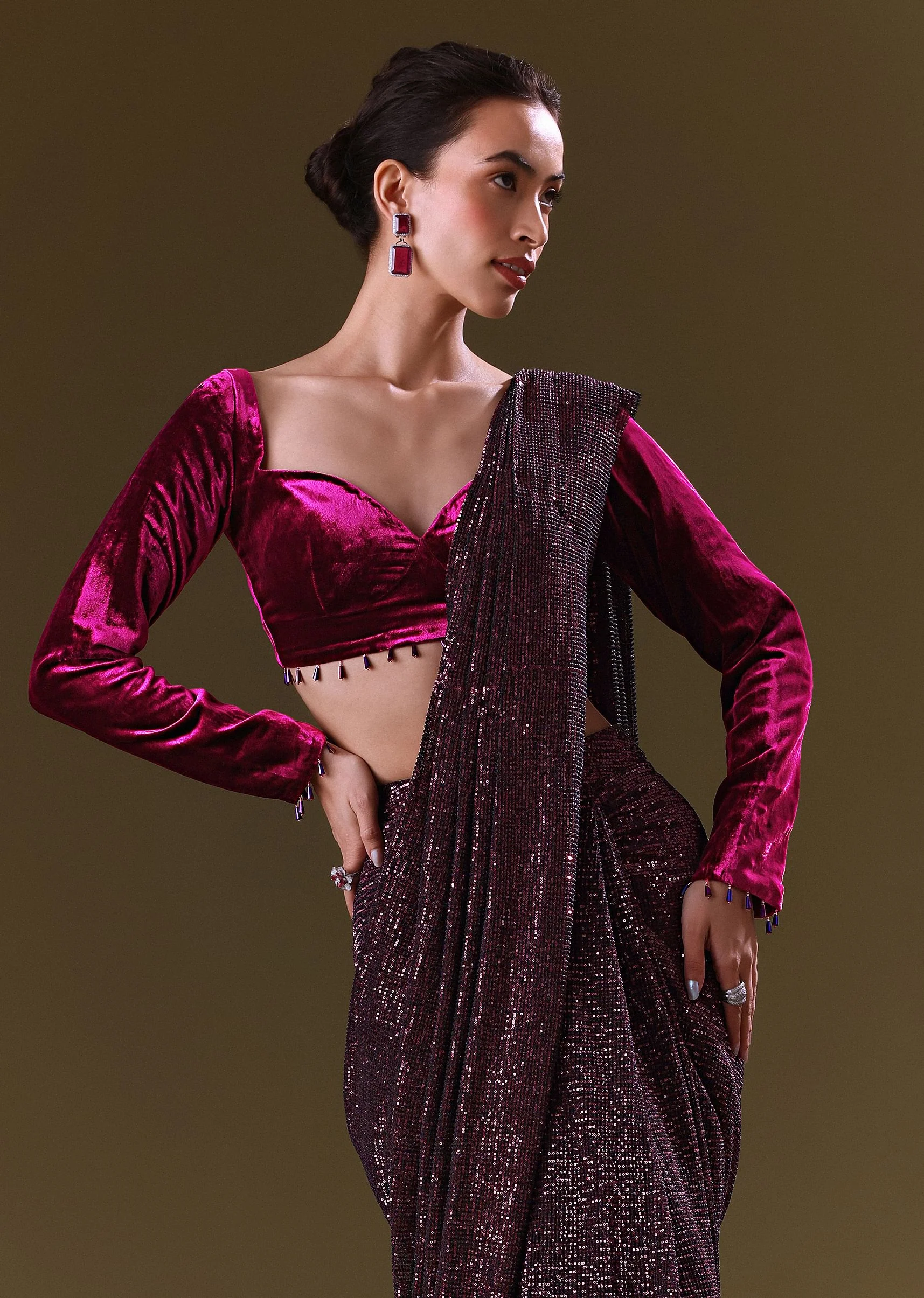 Purple Berry Pre Stitched Sequin Saree With Sweetheart Neck Blouse - Image 2