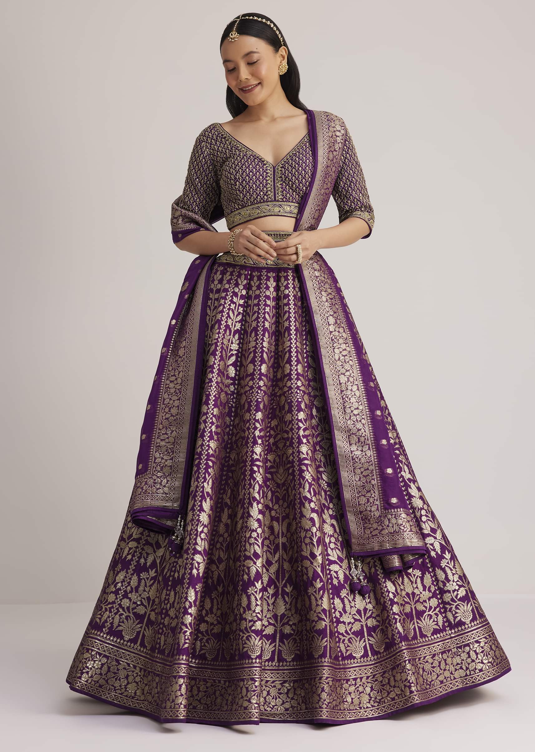 Purple Brocade Embroidered Lehenga Set - Image 4