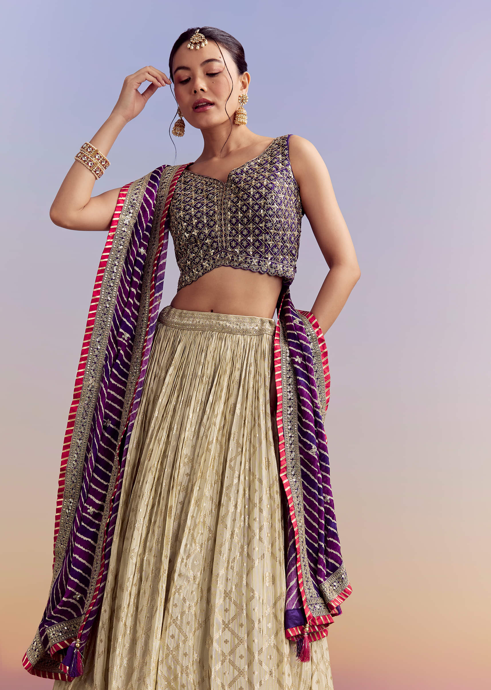 Purple Brocade Silk Bridesmaid Lehenga With Leheriya Dupatta And Zardosi Work - Image 5