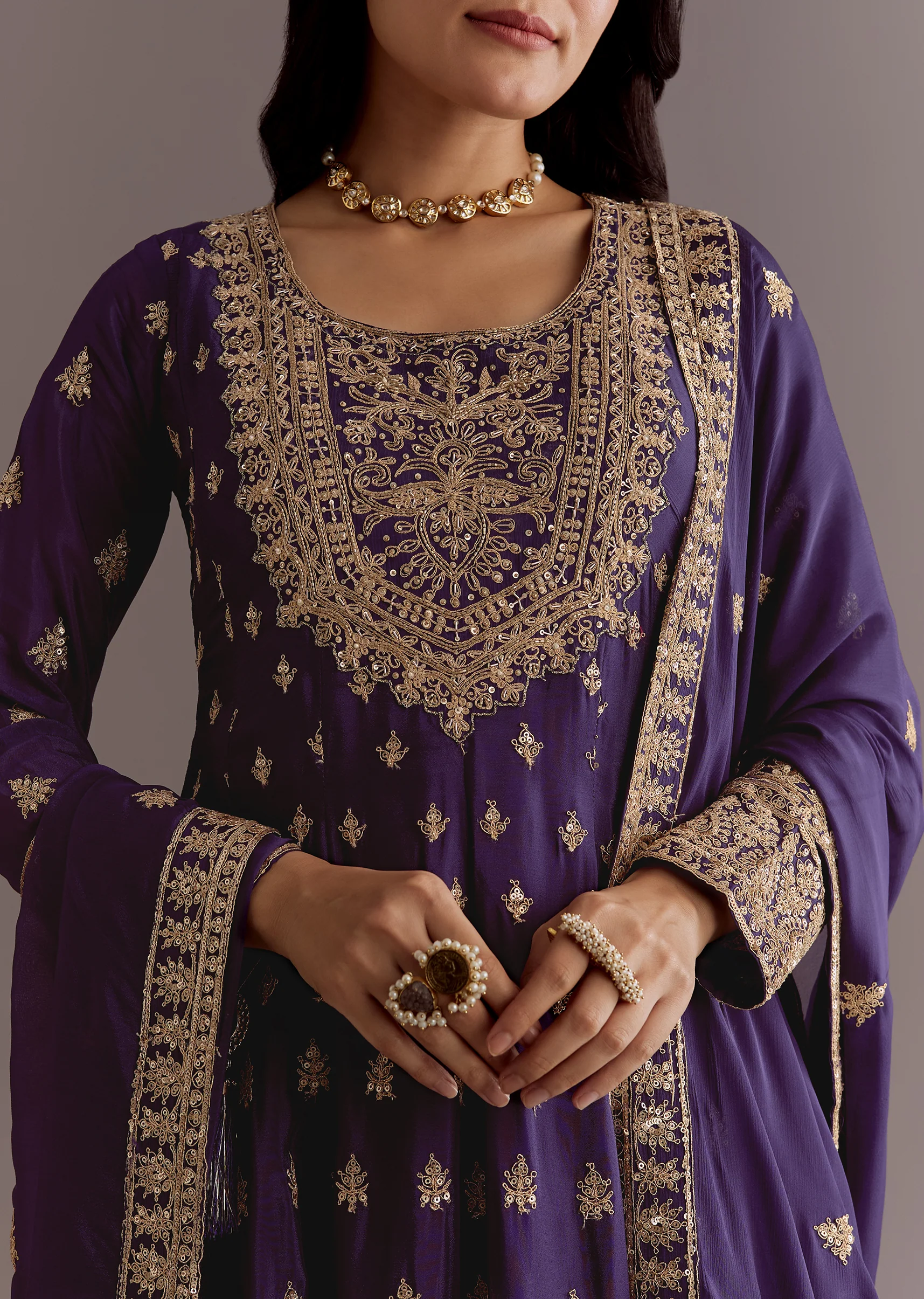 Purple Chinon Anarkali Dupatta Suit With Sequin Work - Image 2