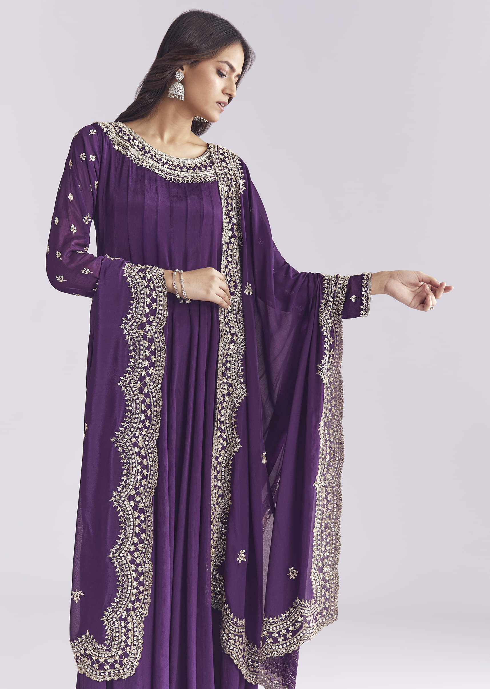 Purple Chinon Anarkali Suit With Cutdana And Sequins Work - Image 4