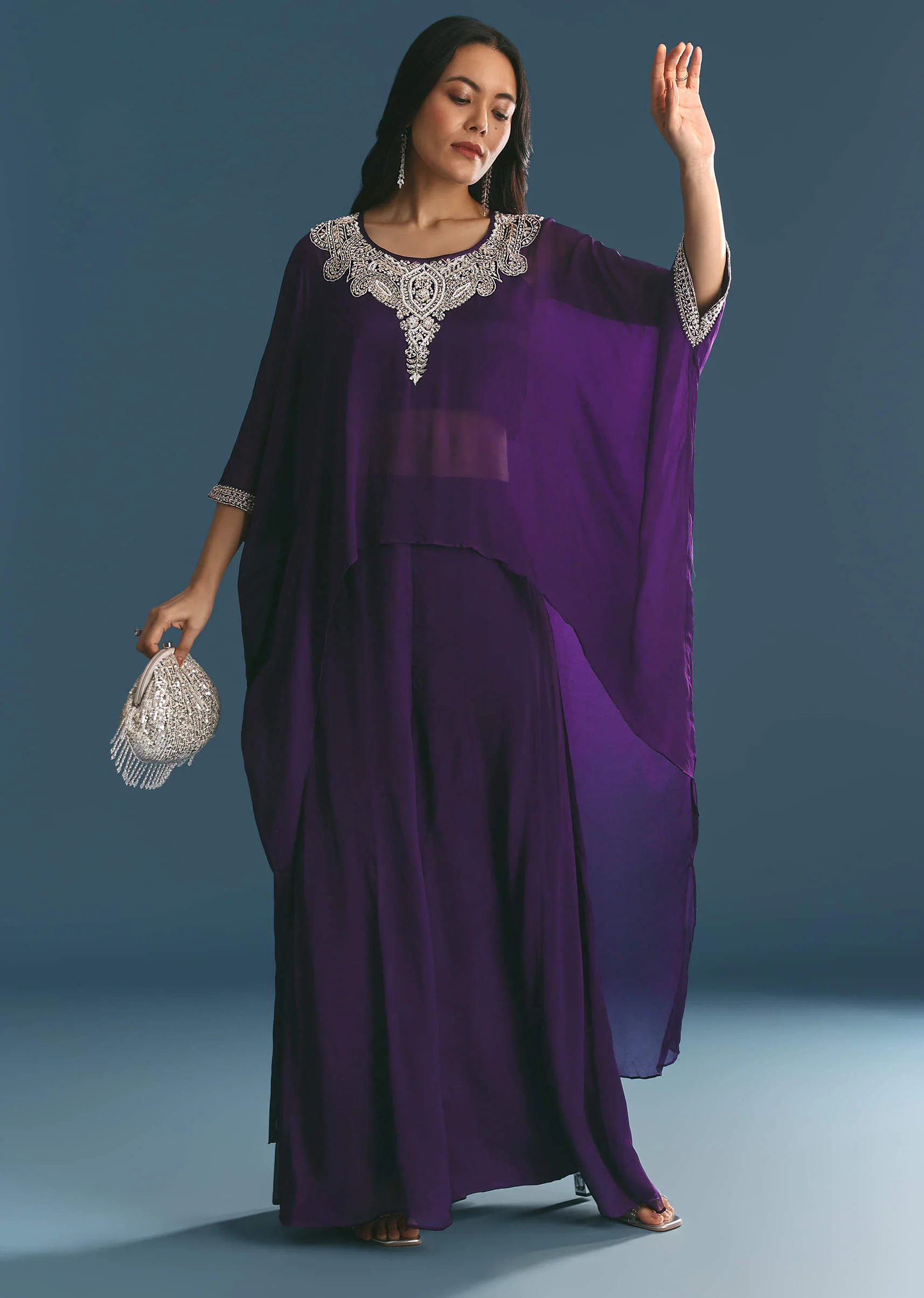 Purple Chinon Embroidered Cape Suit - Image 3