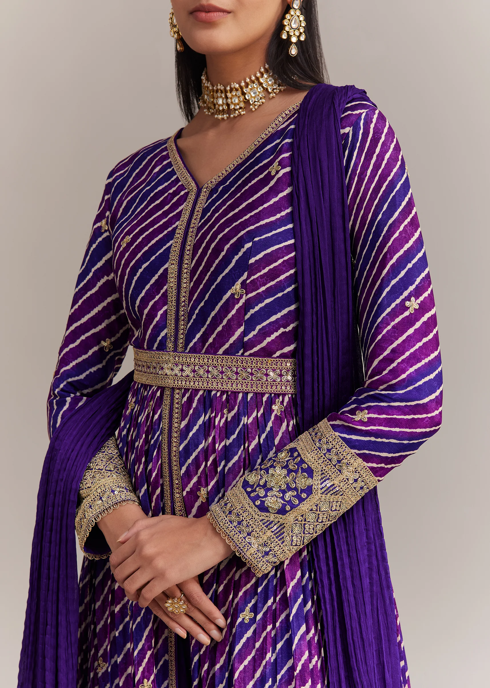 Purple Chinon Leheriya Embroidered Anarkali Set - Image 2