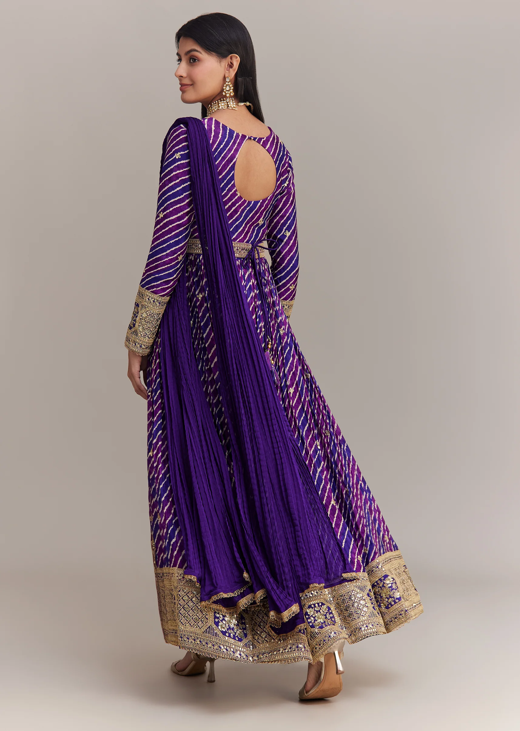 Purple Chinon Leheriya Embroidered Anarkali Set - Image 5