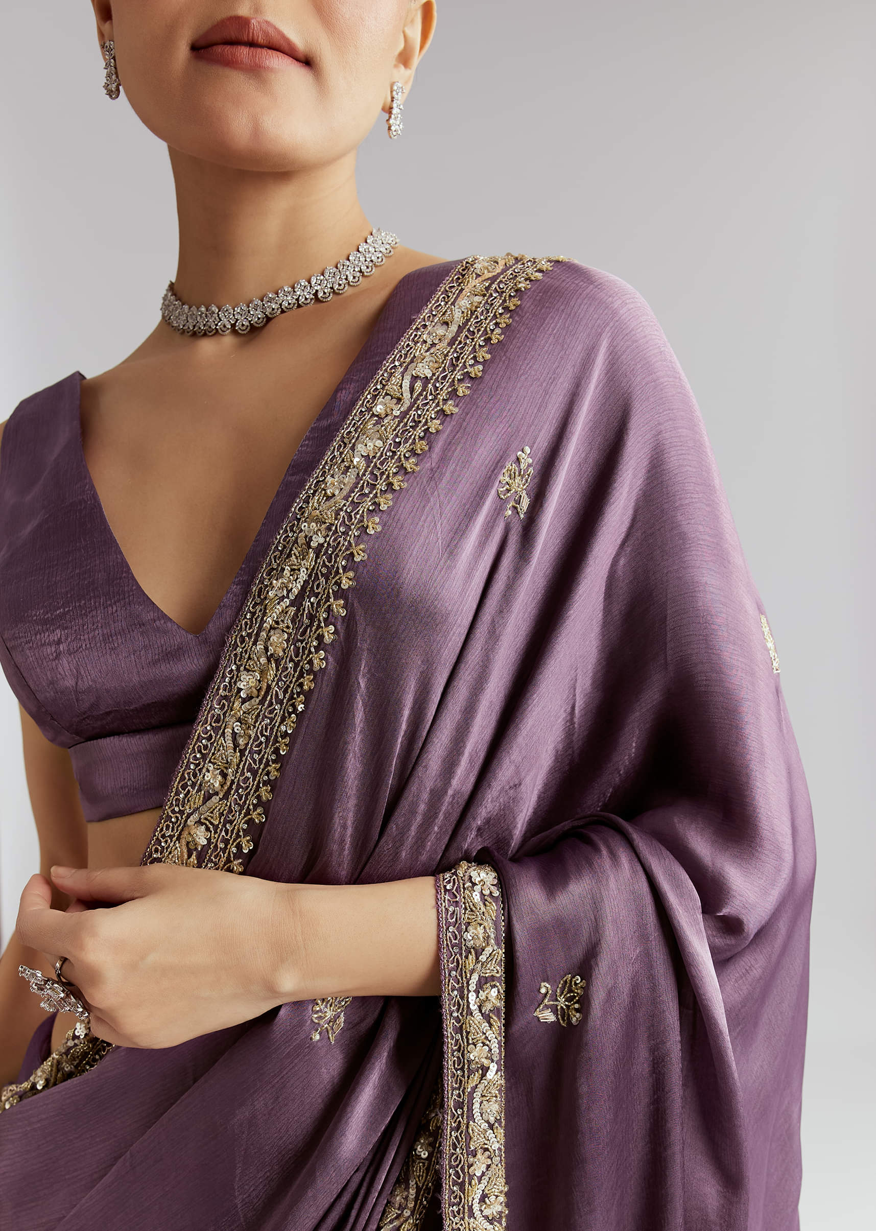 Purple Chinon Saree With Heavy Hand Embroidery - Image 2