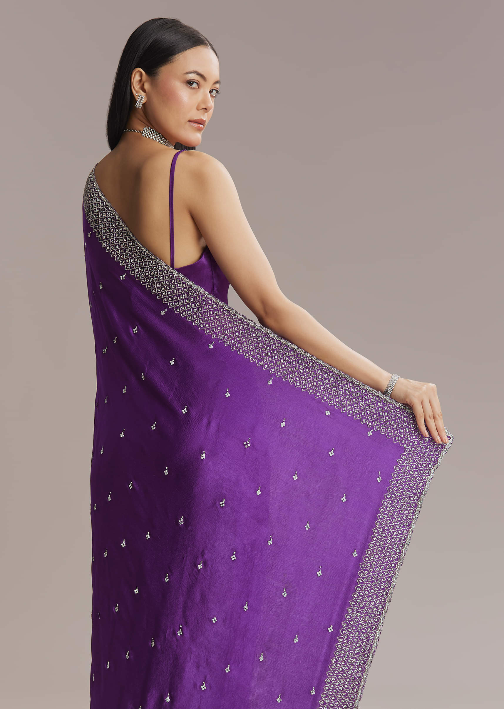 Purple Chinon Saree With Stone And Sequin Embroidery - Image 5
