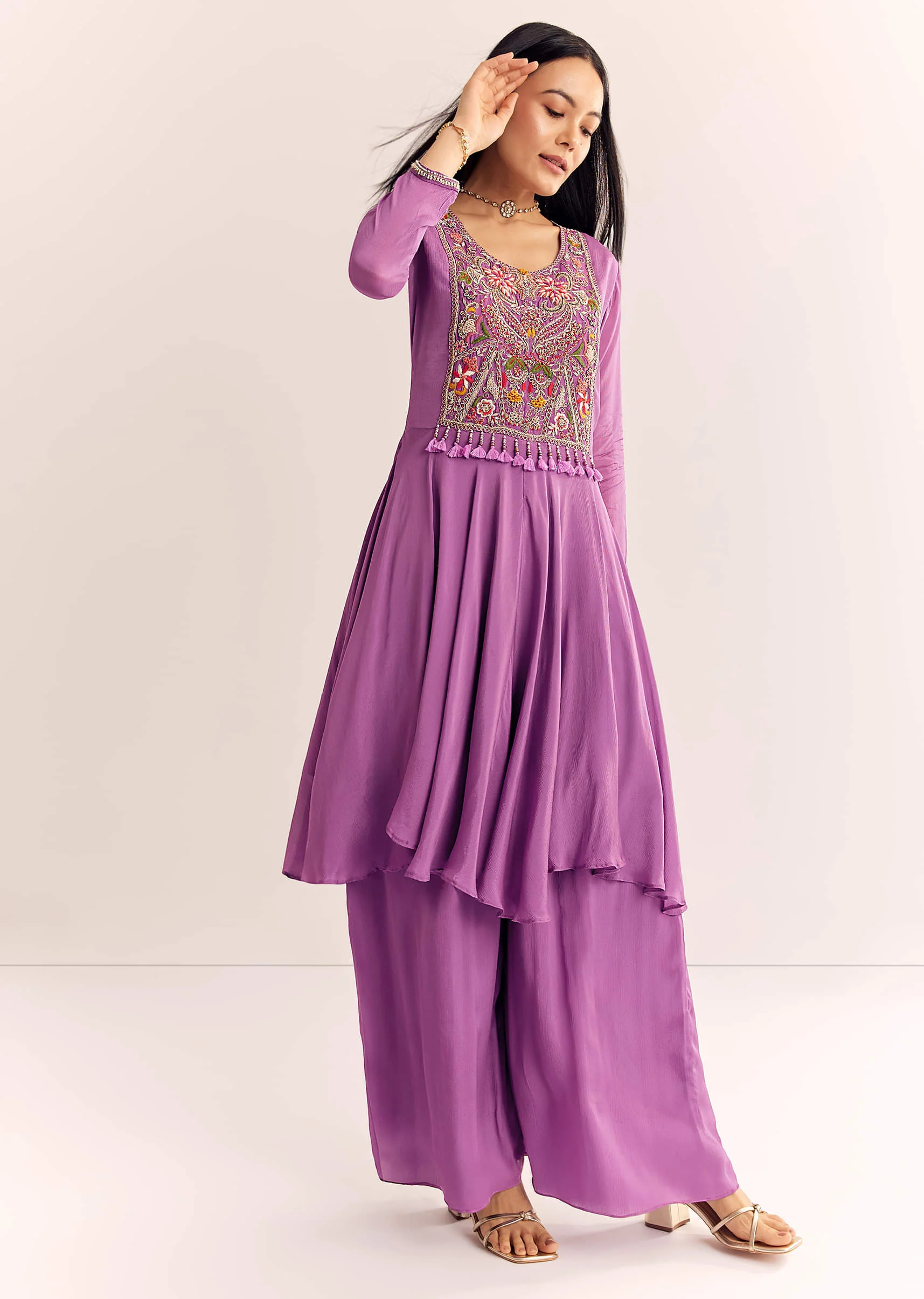 Purple Chinon Zardosi Kurta Palazzo Suit - Image 3