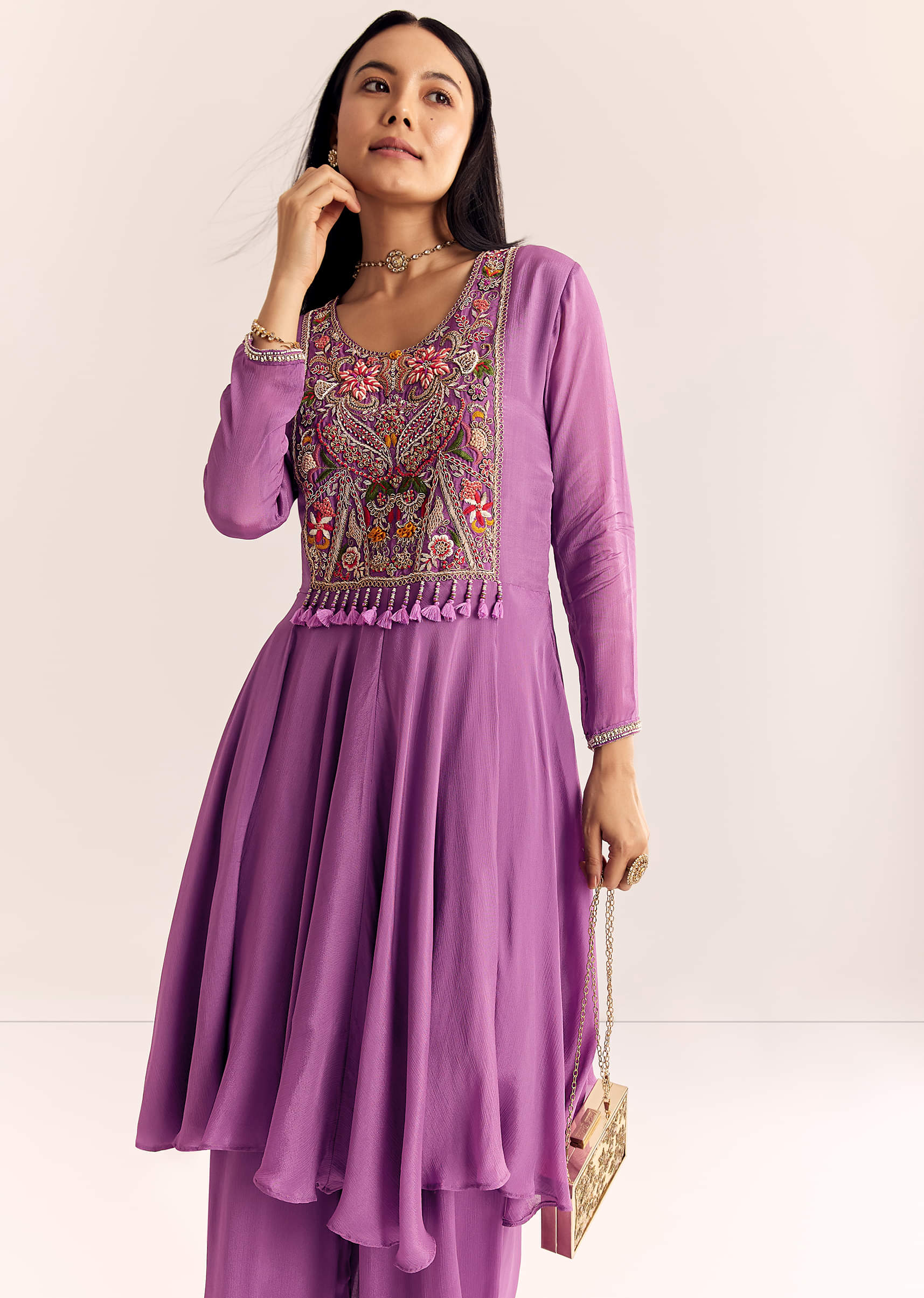 Purple Chinon Zardosi Kurta Palazzo Suit - Image 4