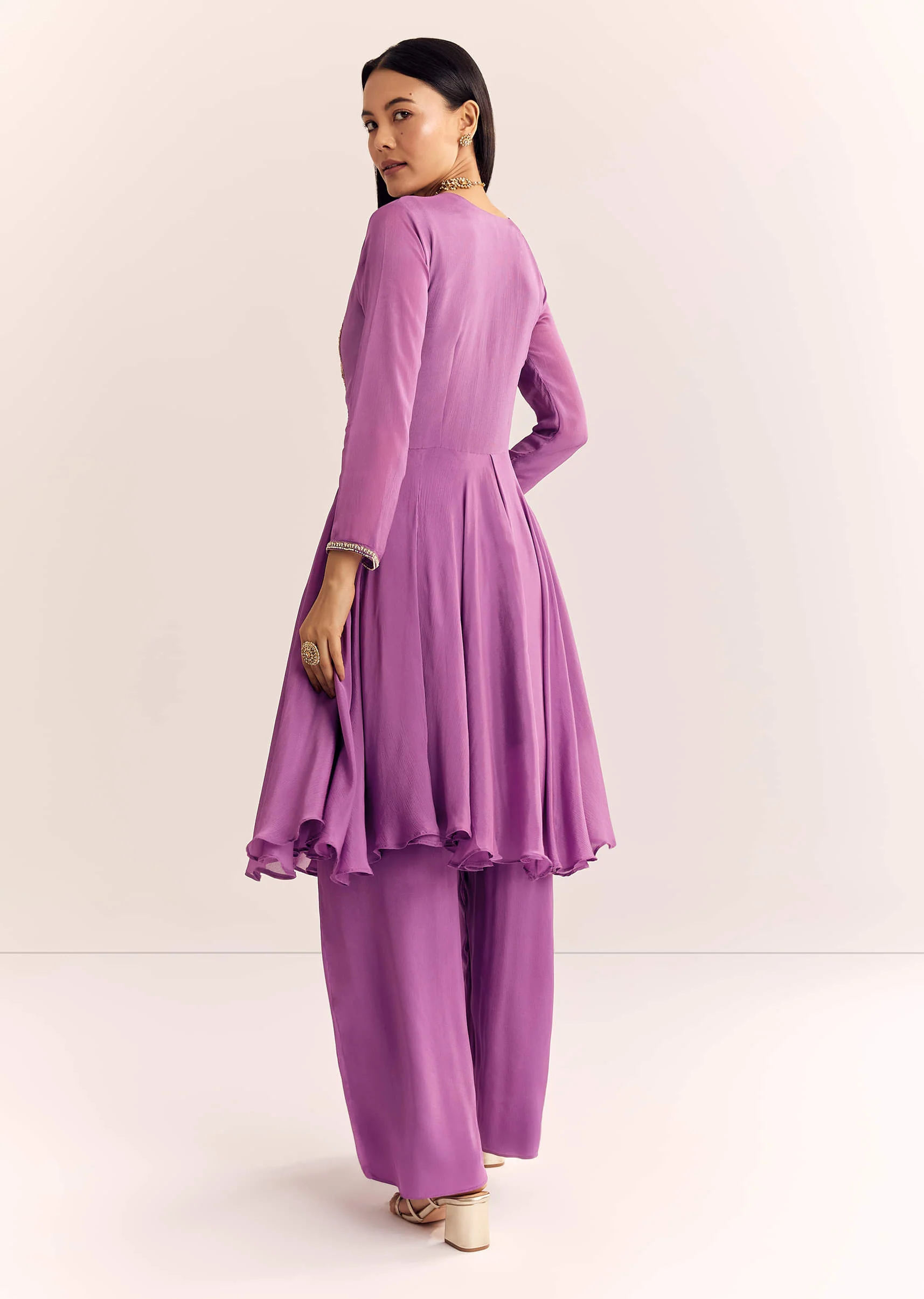 Purple Chinon Zardosi Kurta Palazzo Suit - Image 5