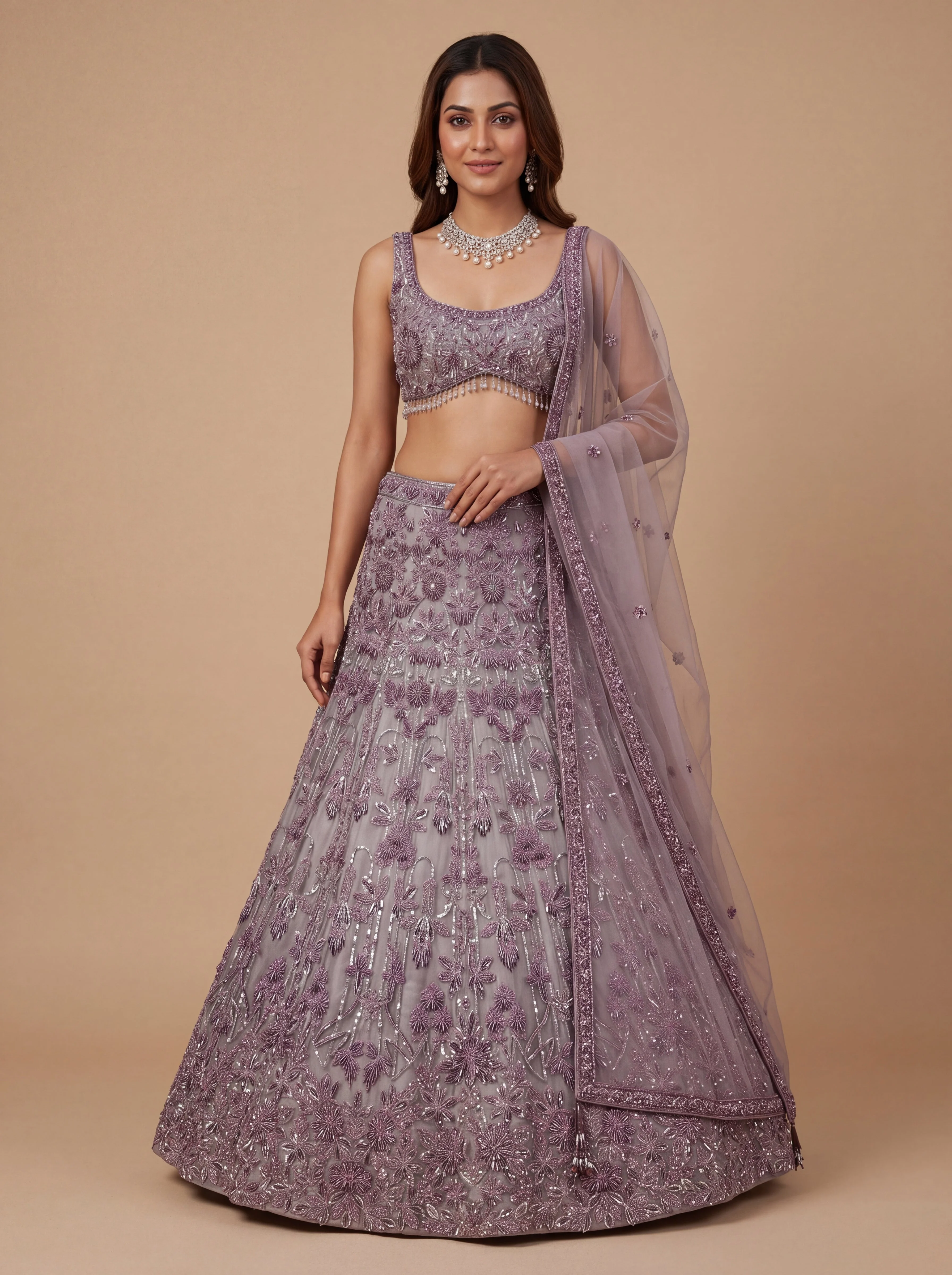 Purple Contemporary Bridal Lehenga With Floral Embroidery  Soft Volume