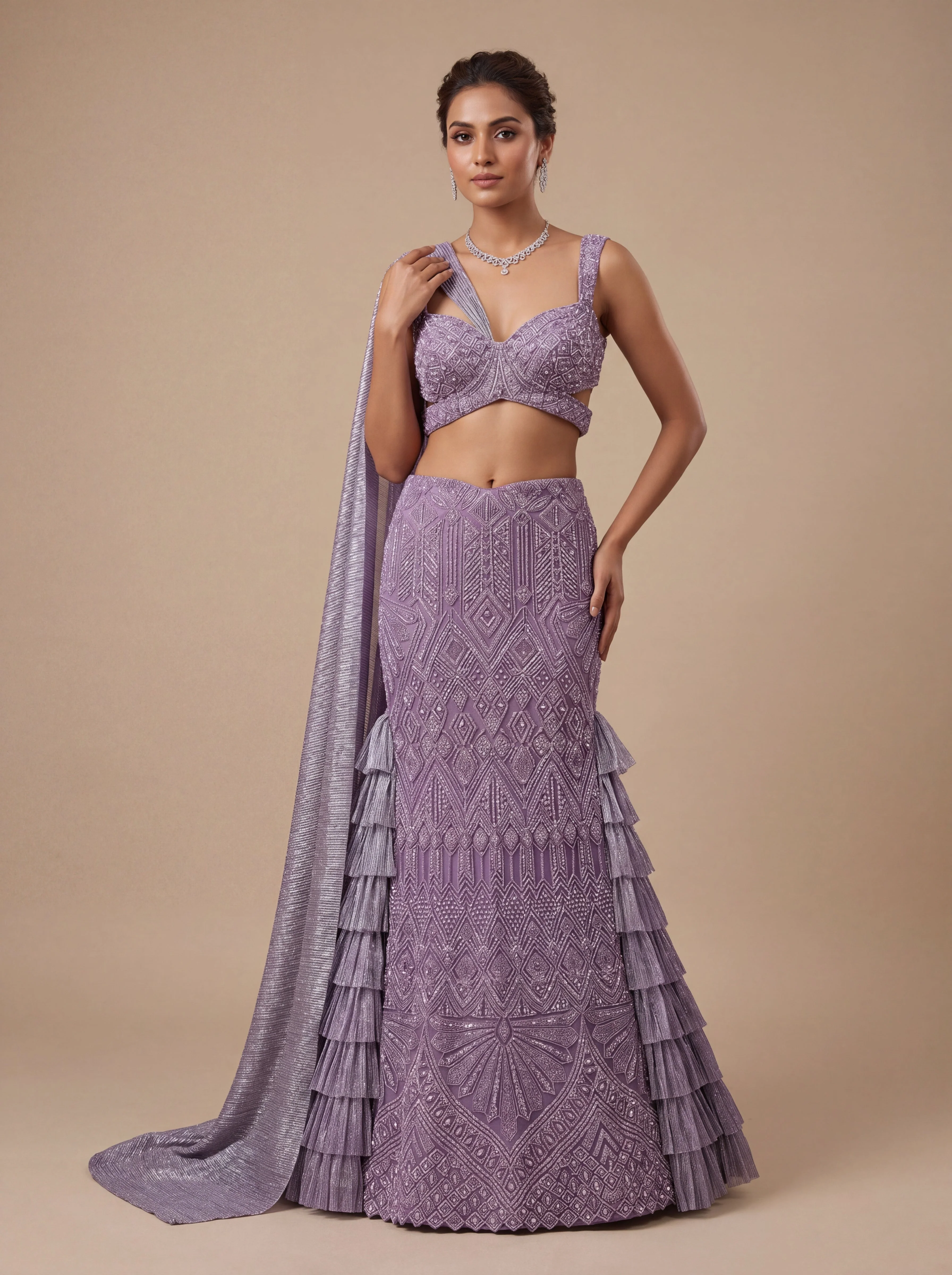 Purple Contemporary Bridal Lehenga With Sheer Embroidered Skirt