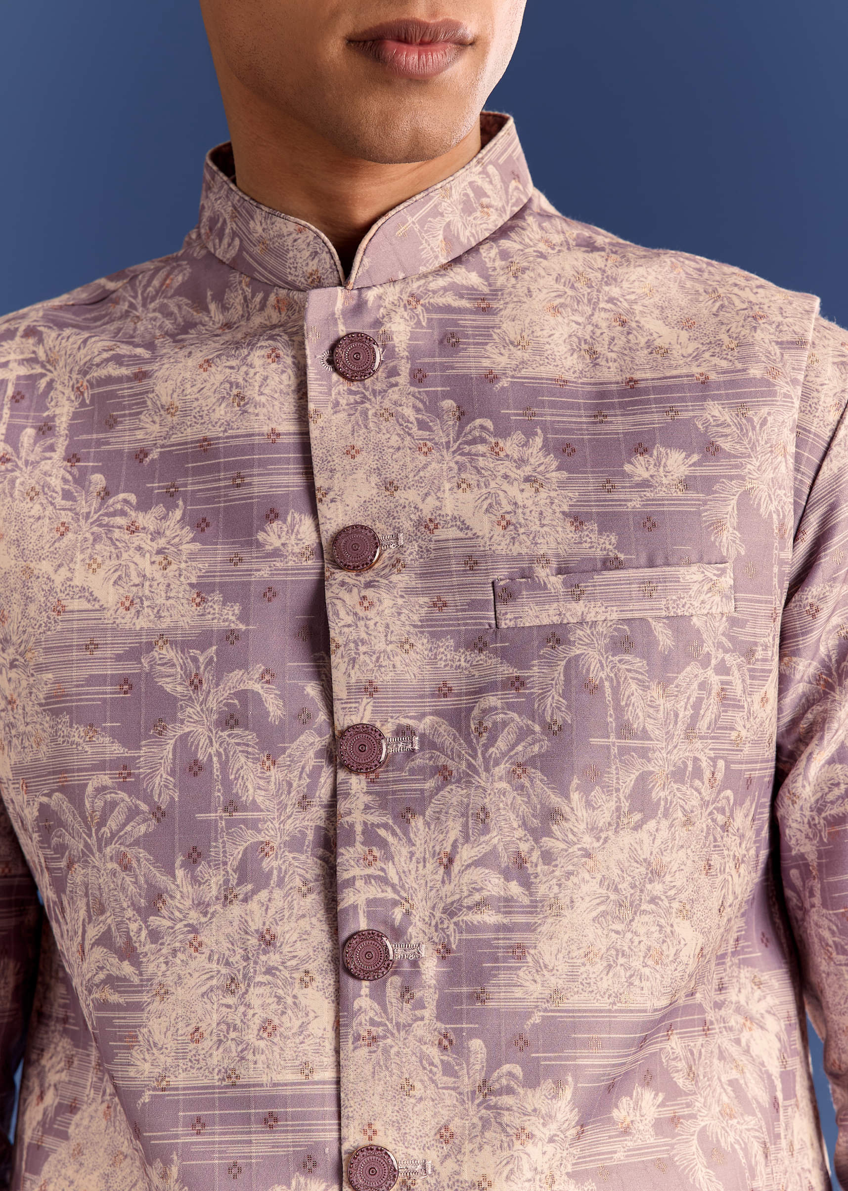 Purple Cotton Silk Kurta Jacket Set With Print - Image 2