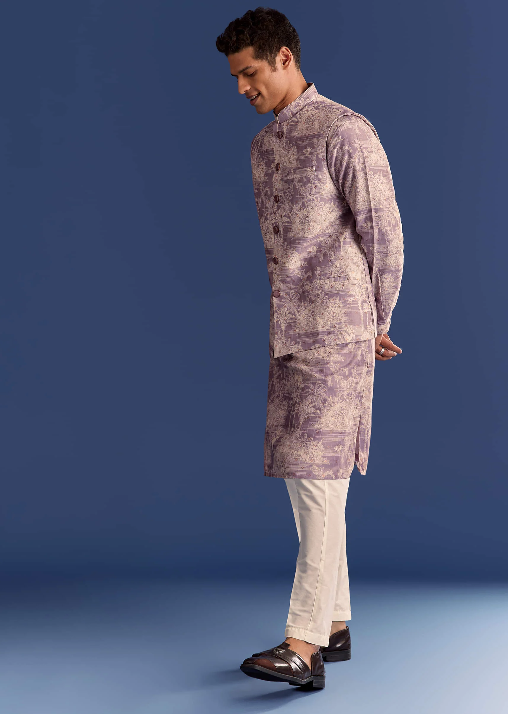 Purple Cotton Silk Kurta Jacket Set With Print - Image 3