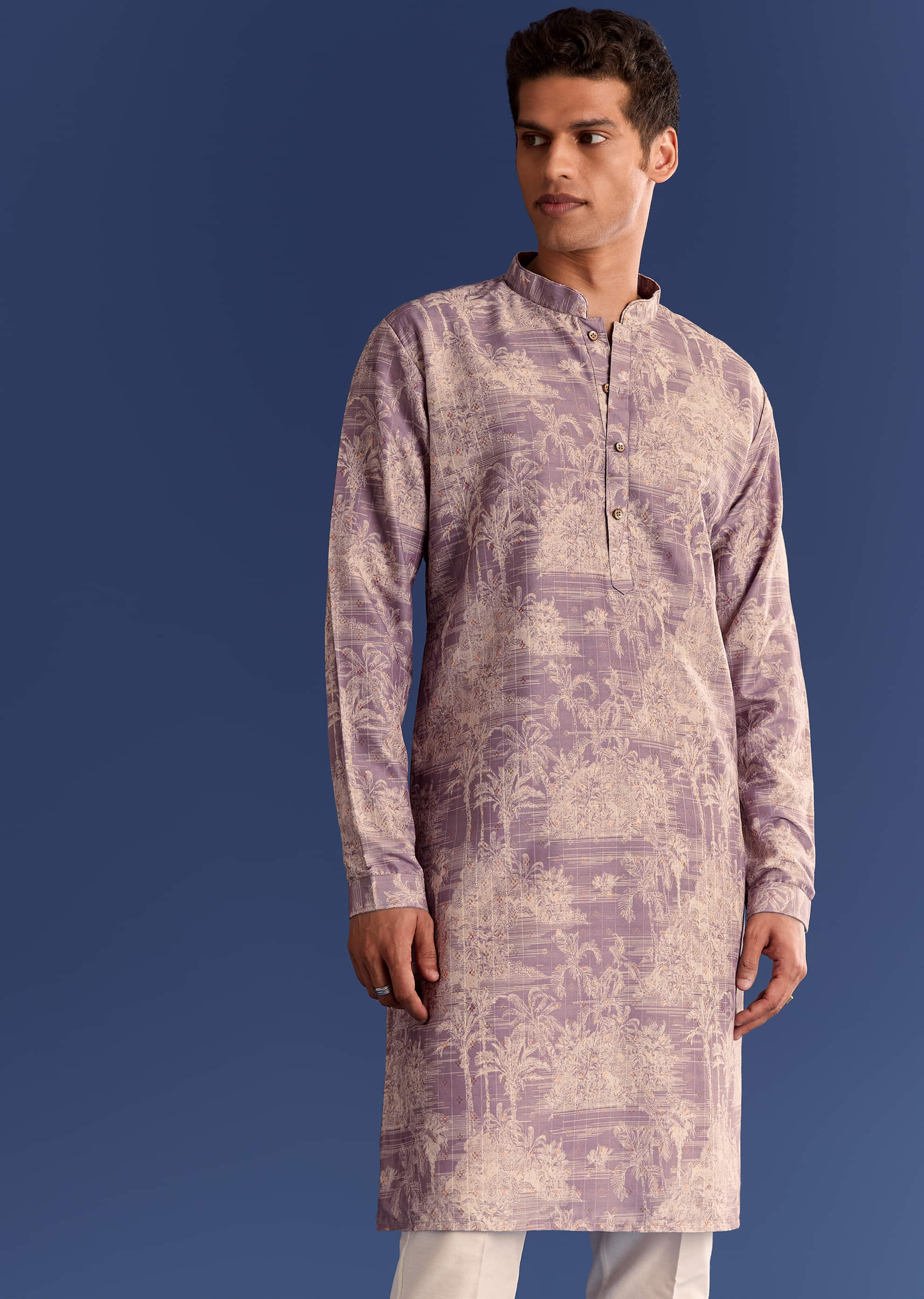 Purple Cotton Silk Kurta Jacket Set With Print - Image 6