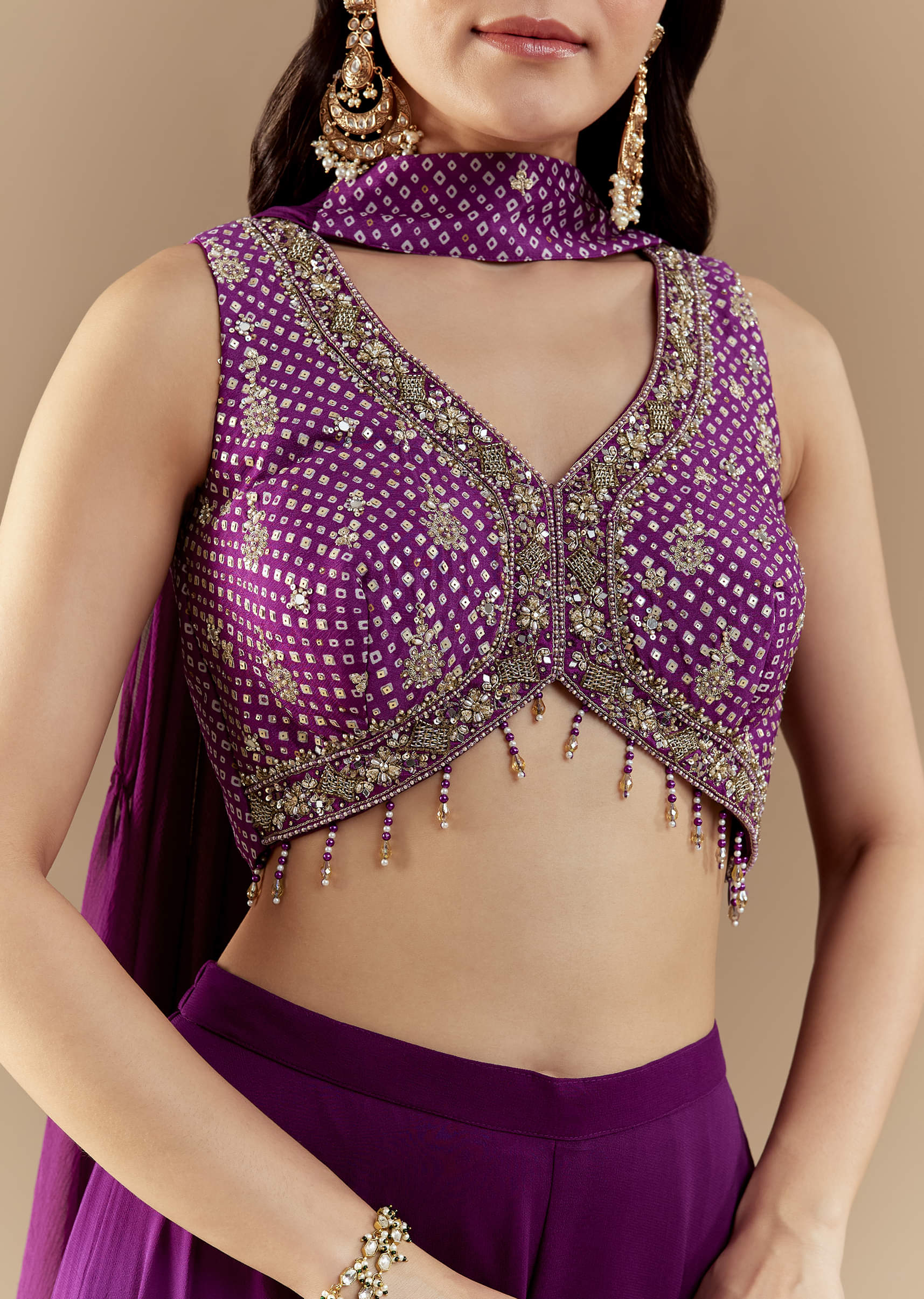 Purple Crop Top Pant Set with Bandhani Work - Image 2