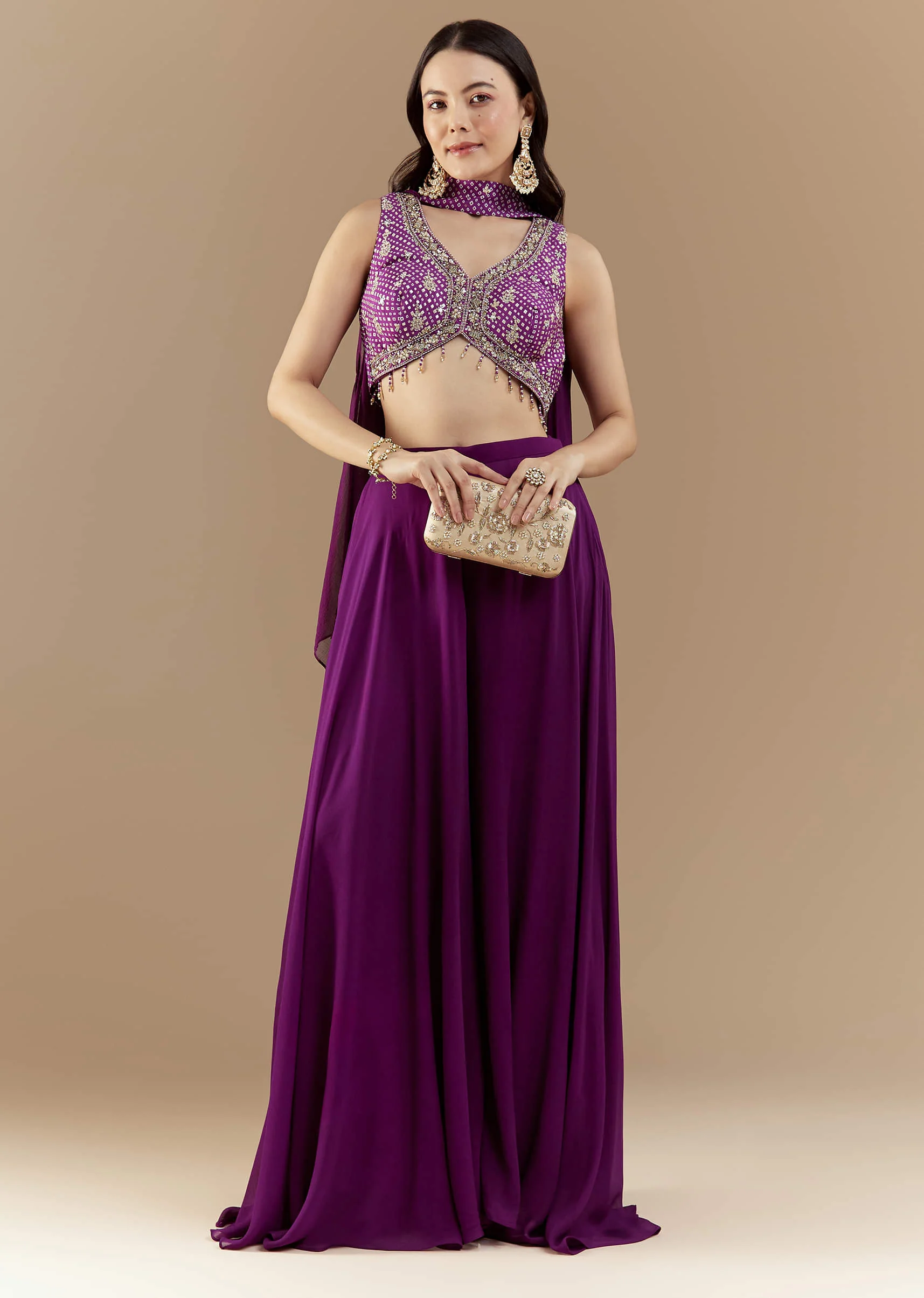 Purple Crop Top Pant Set with Bandhani Work - Image 3