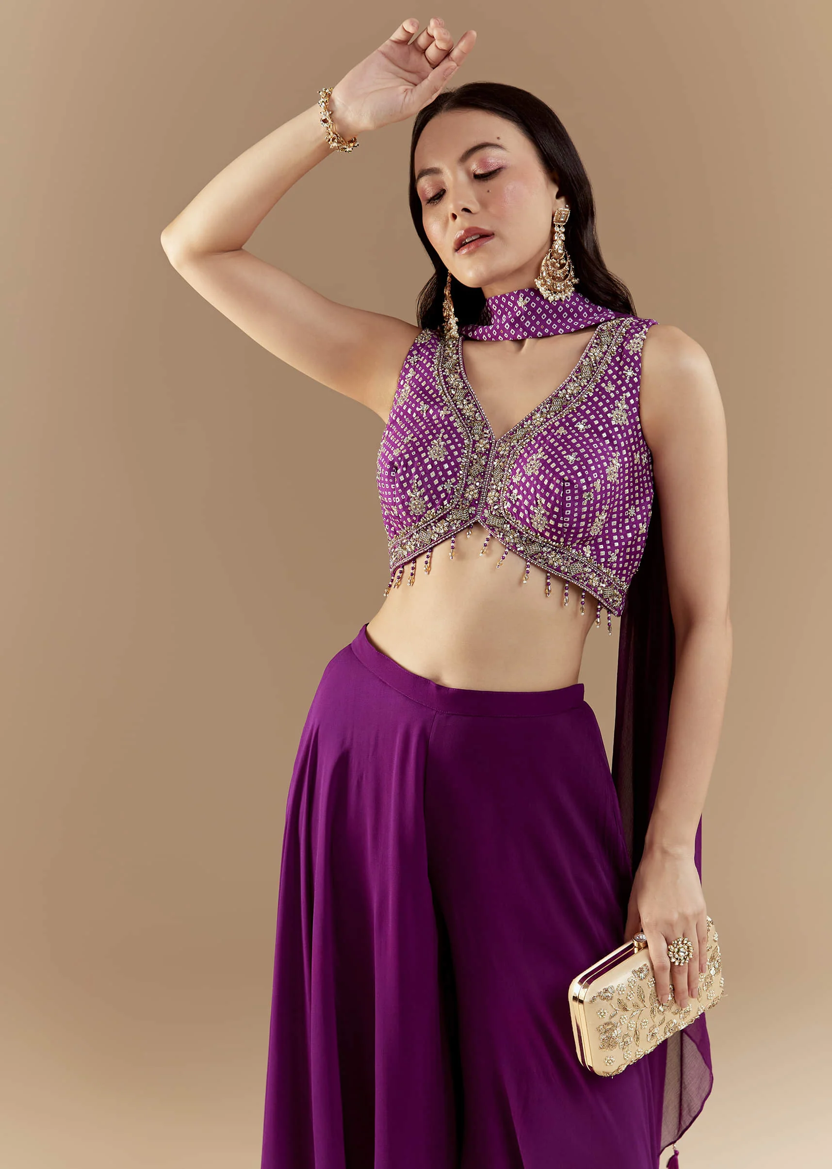 Purple Crop Top Pant Set with Bandhani Work - Image 4