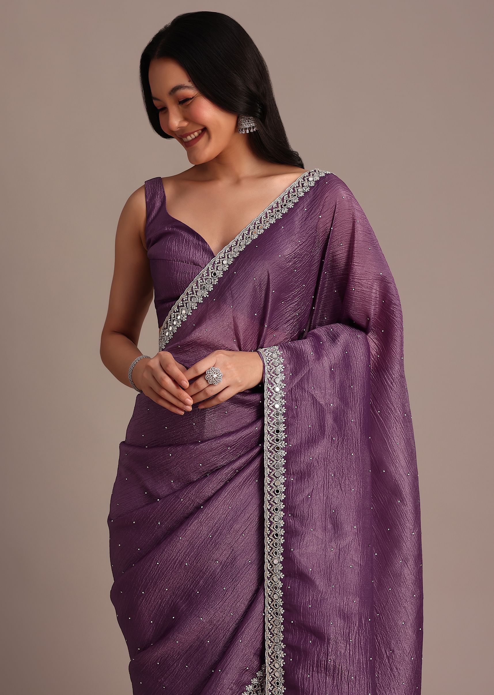 Purple Crushed Tissue Saree With Mirror And Cutdana Embellished Border - Image 2