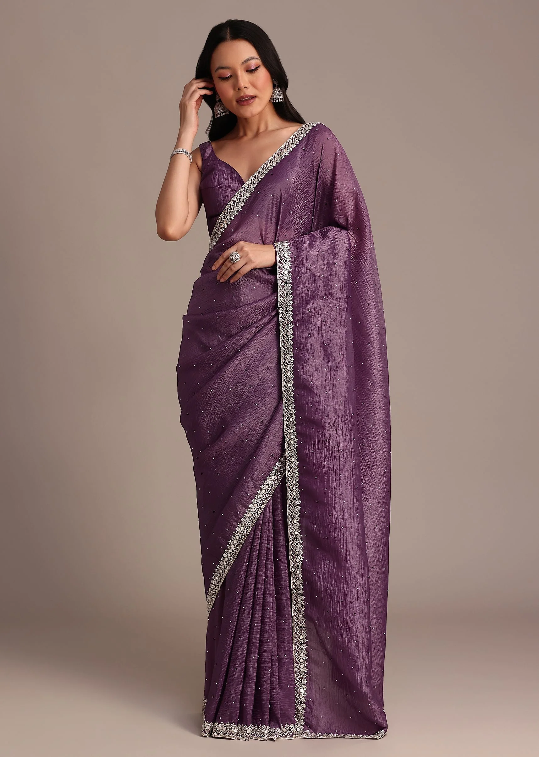 Purple Crushed Tissue Saree With Mirror And Cutdana Embellished Border - Image 3