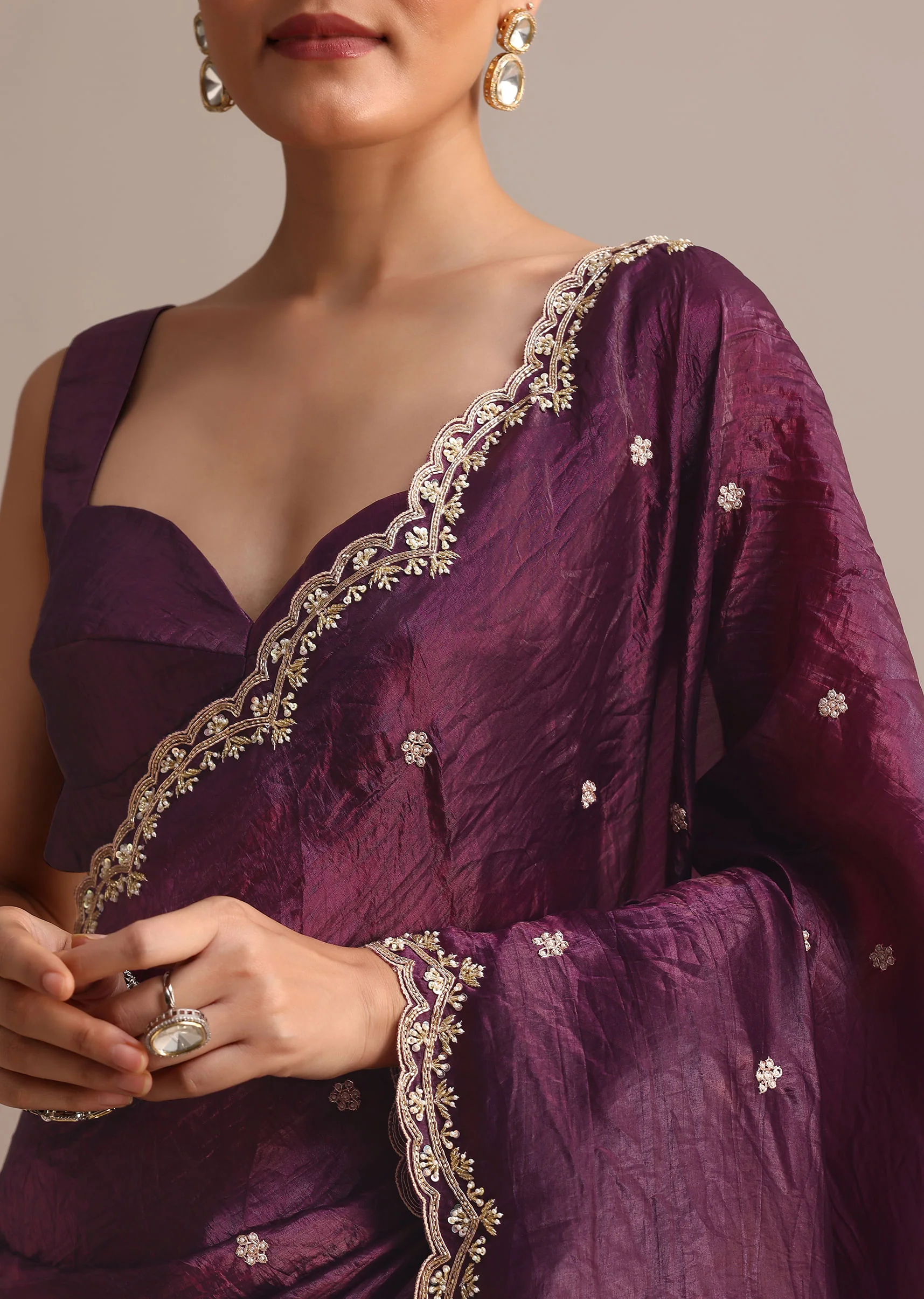 Purple Crushed Tissue Saree With Sequin And Cutdana Embroidered Border - Image 2