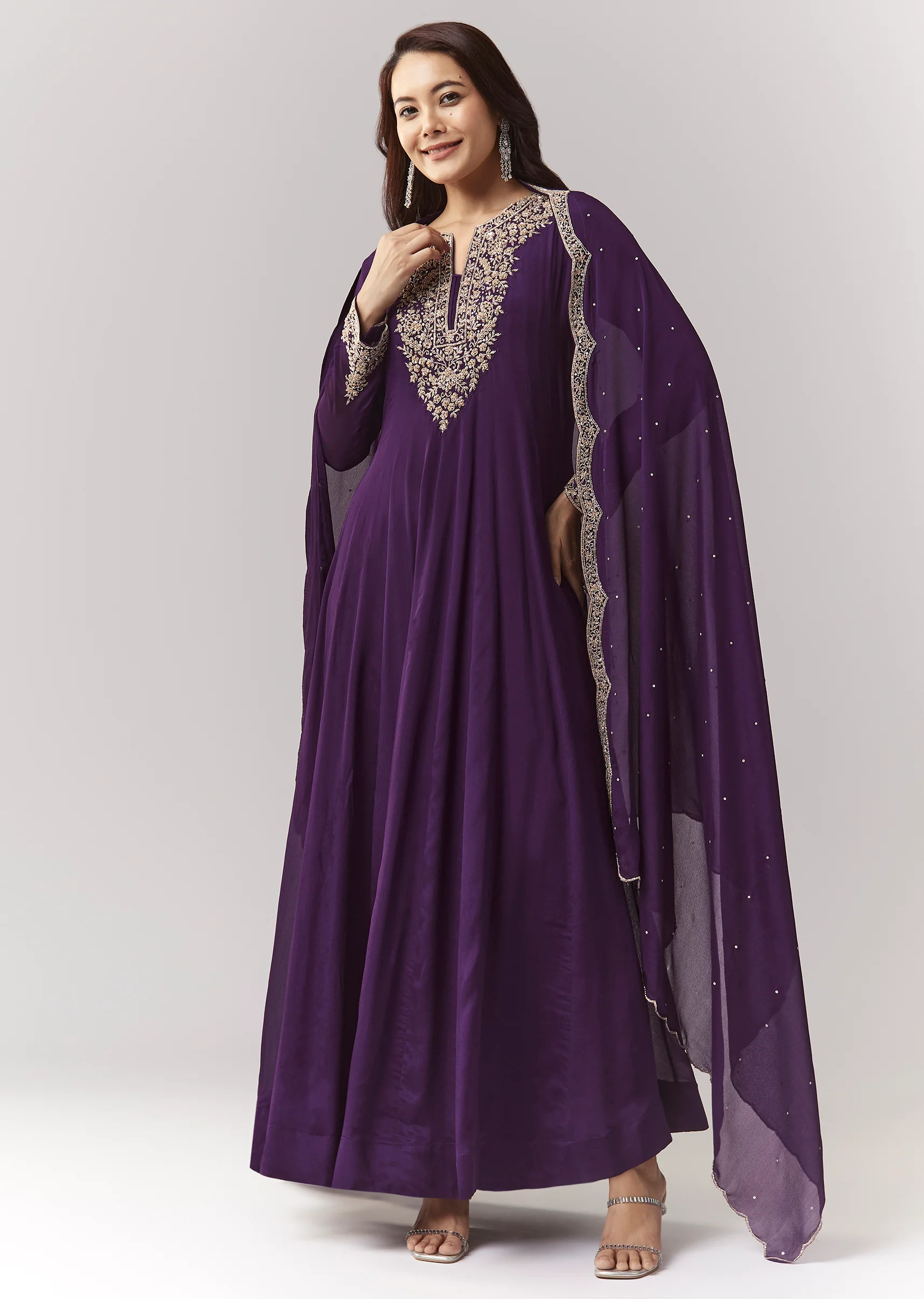 Purple Cut Dana Yoke Anarkali Set With Dupatta