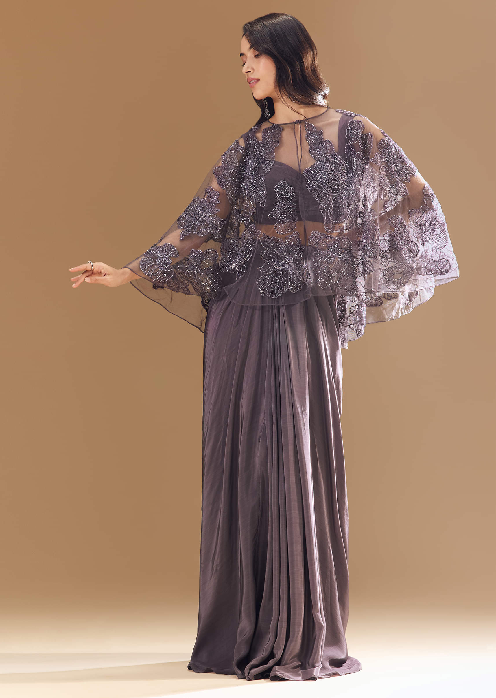 Purple Cutdana Embellished Crop Top Skirt Set with Cape - Image 4