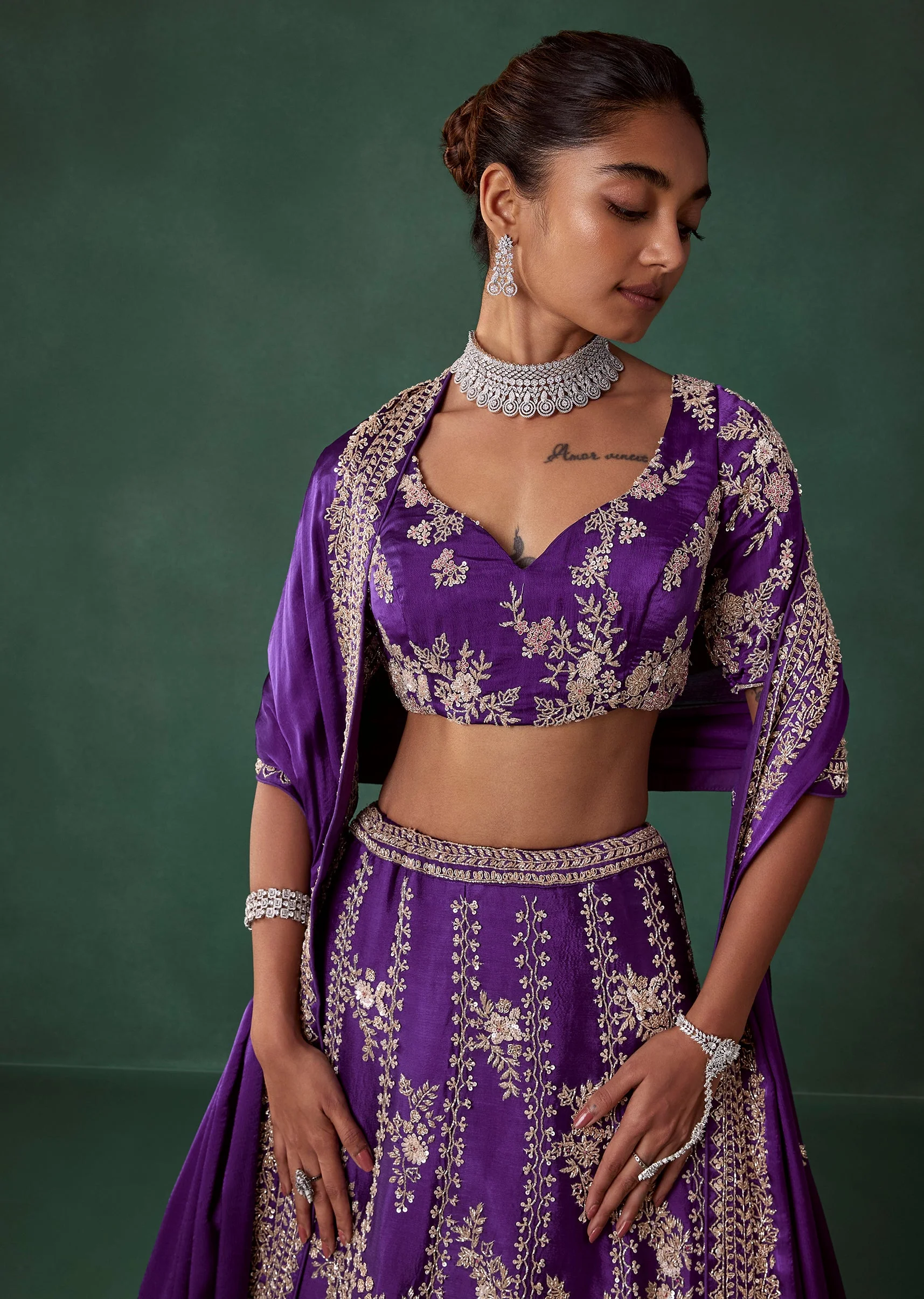 Purple Cutdana Hand Embroidered Bridal Lehenga Set in Satin - Image 3