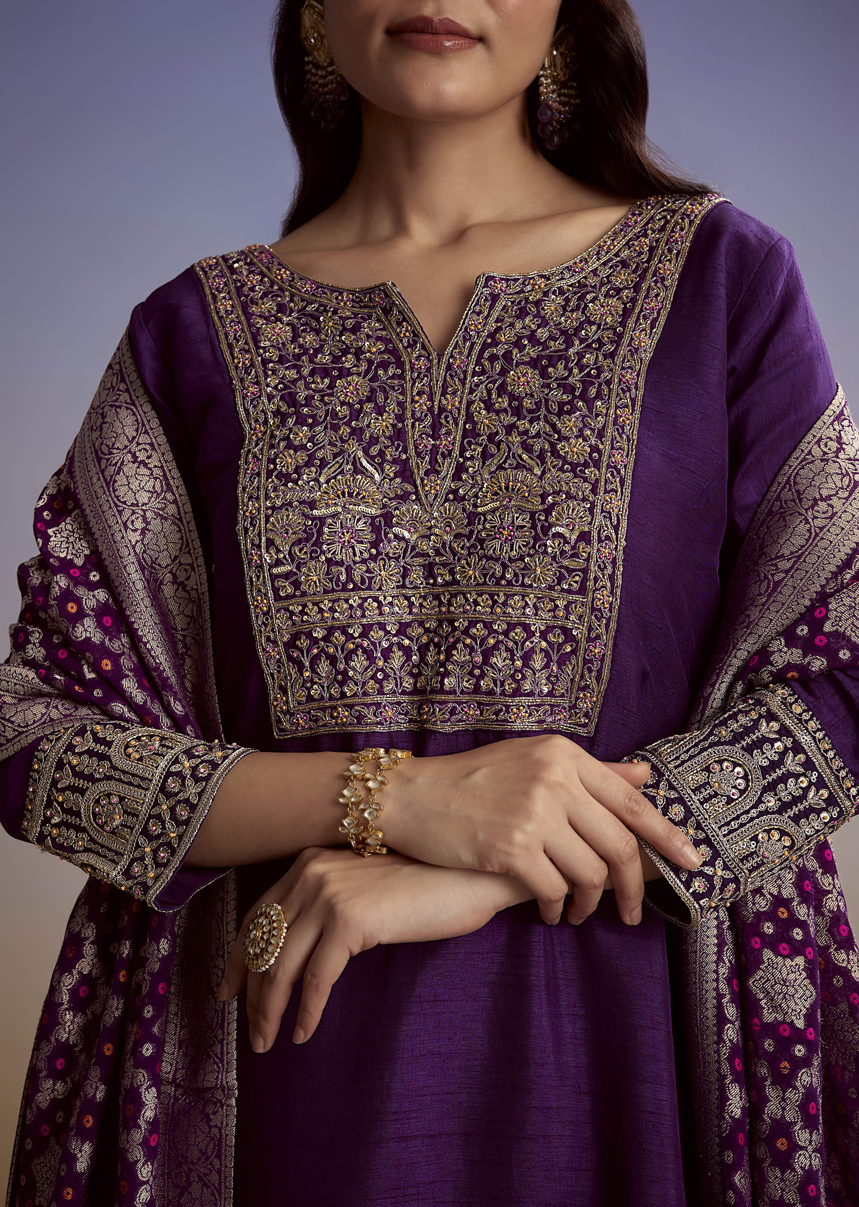 Purple Dola Silk Palazzo Suit With Heavy Embroidery - Image 2