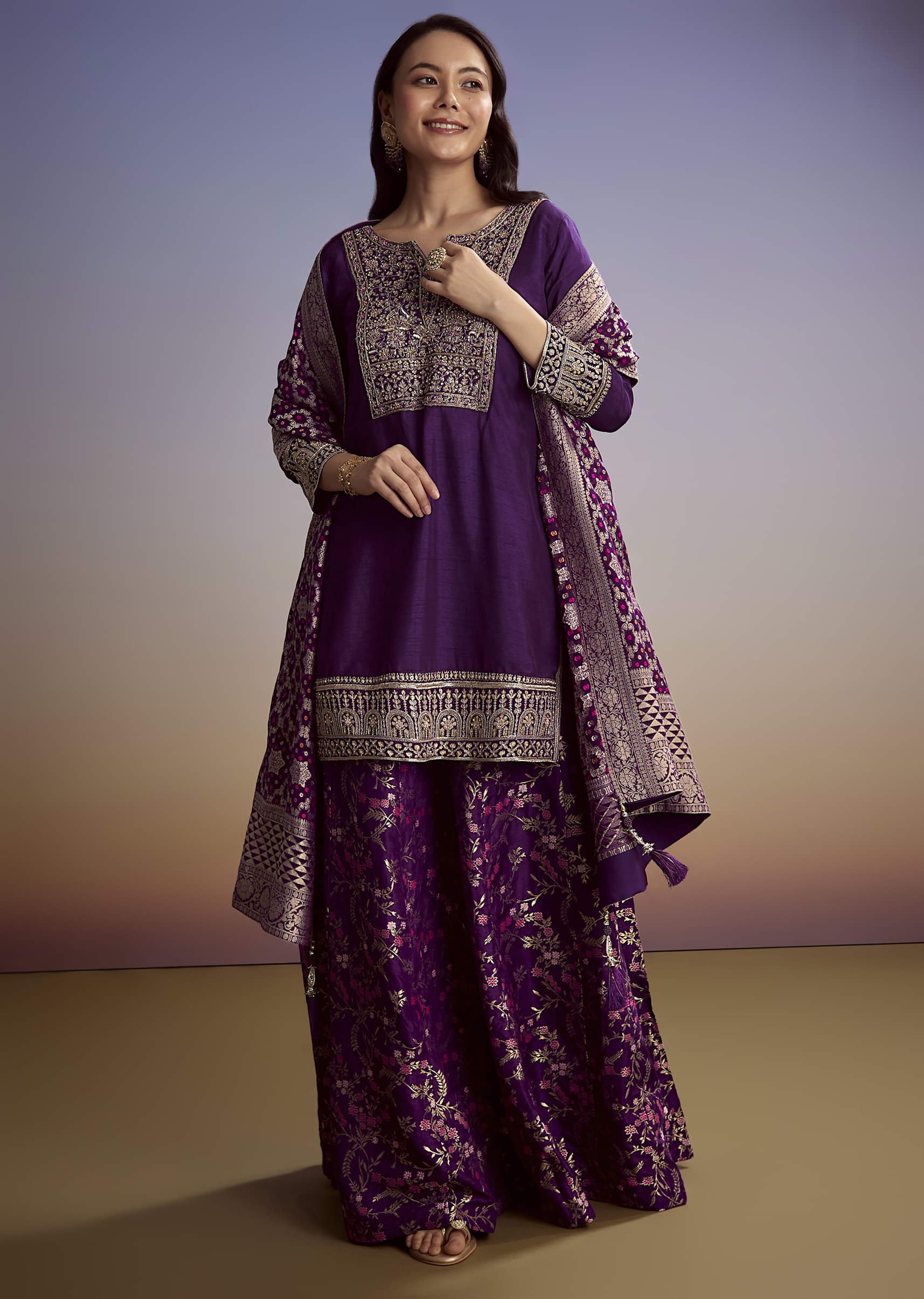 Purple Dola Silk Palazzo Suit With Heavy Embroidery - Image 3