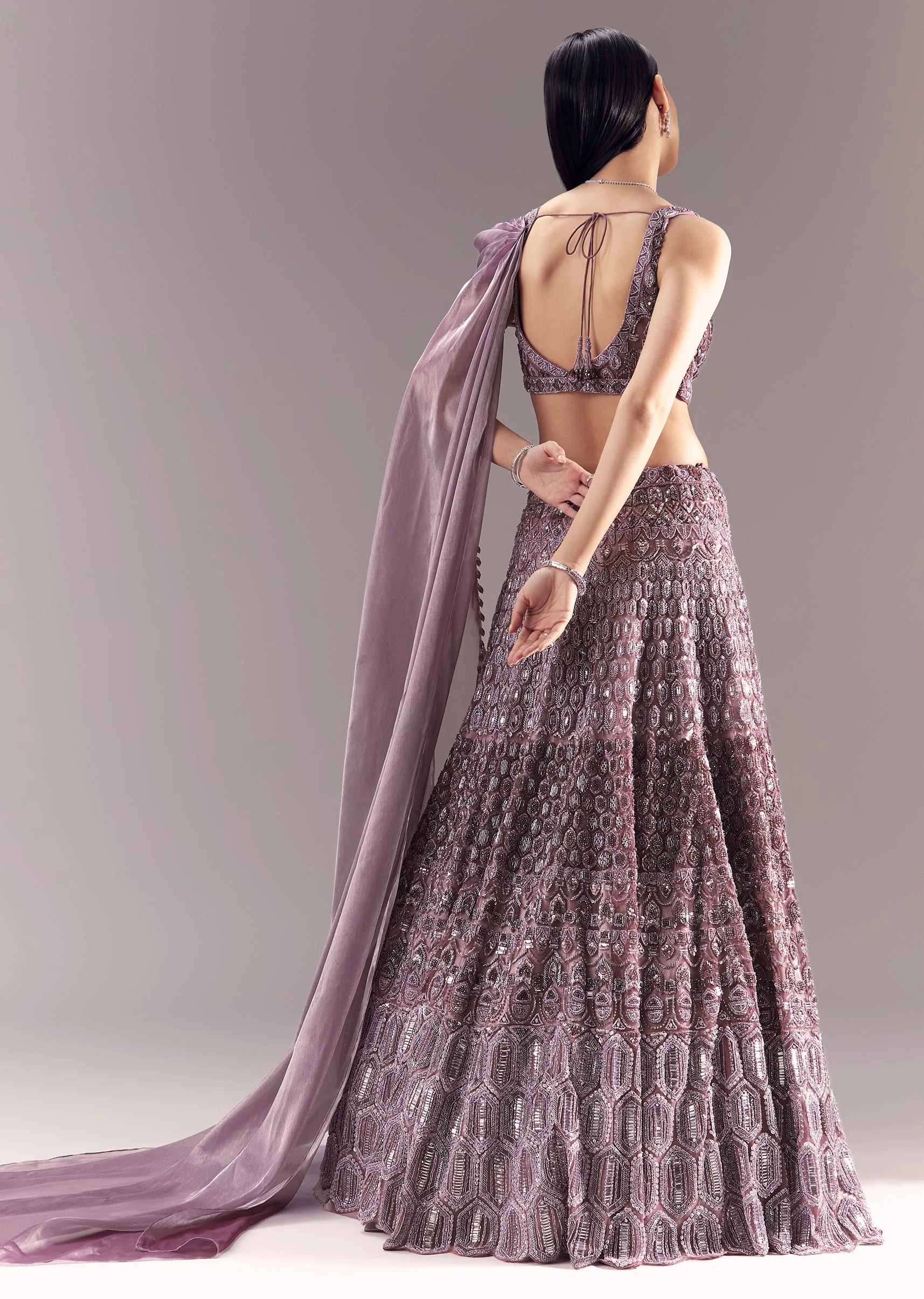 Purple Draped Blouse with Embellished Lehenga - Image 2