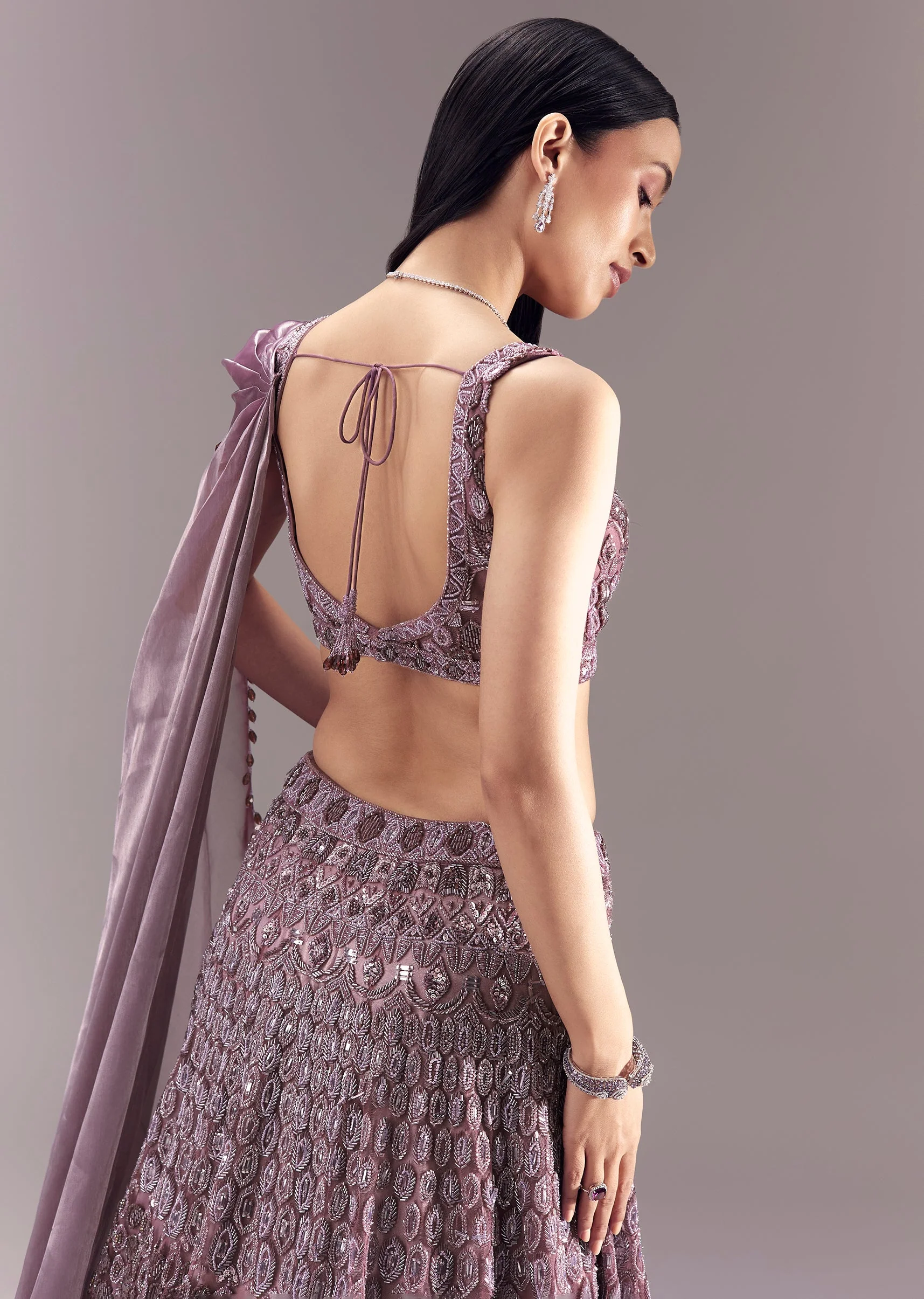 Purple Draped Blouse with Embellished Lehenga - Image 5