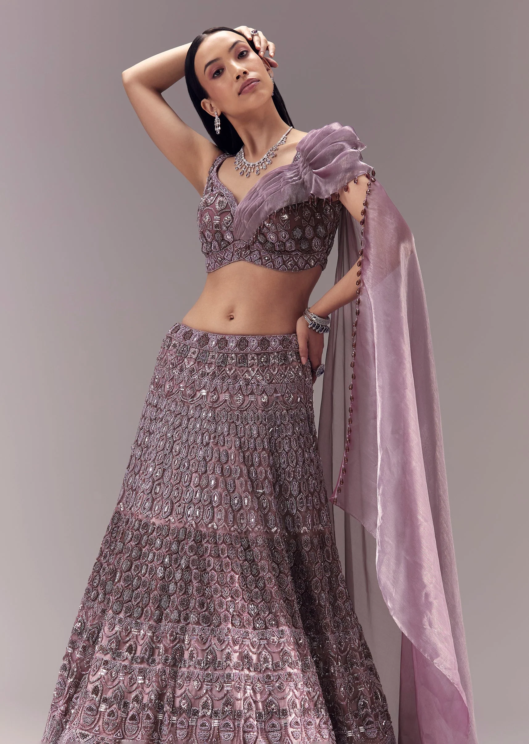 Purple Draped Blouse with Embellished Lehenga - Image 6