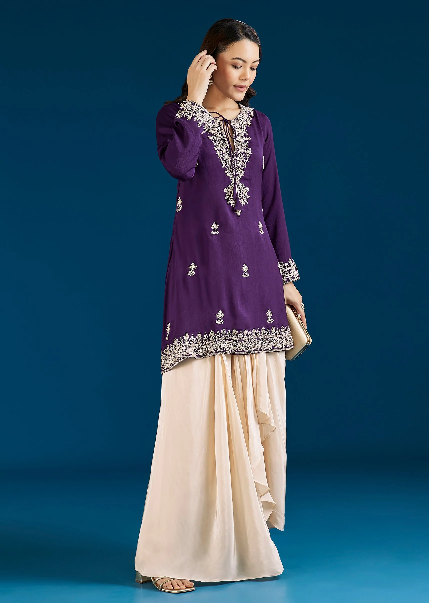 Purple Embellished Drape Skirt Indo Western Set - Image 3
