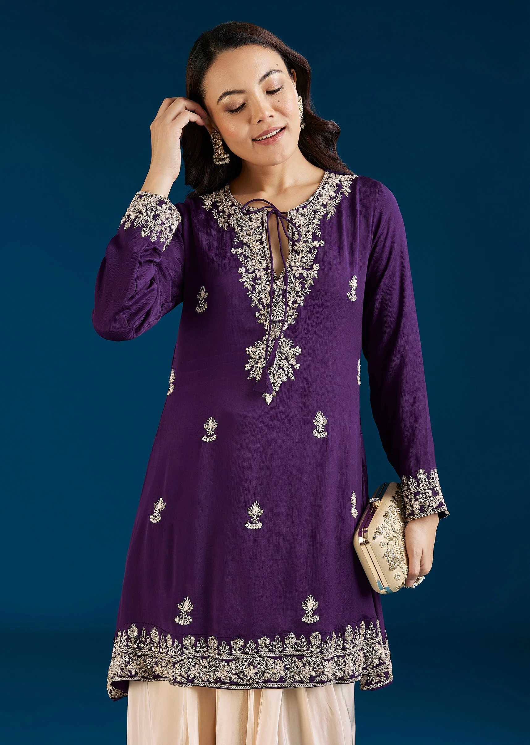 Purple Embellished Drape Skirt Indo Western Set - Image 4