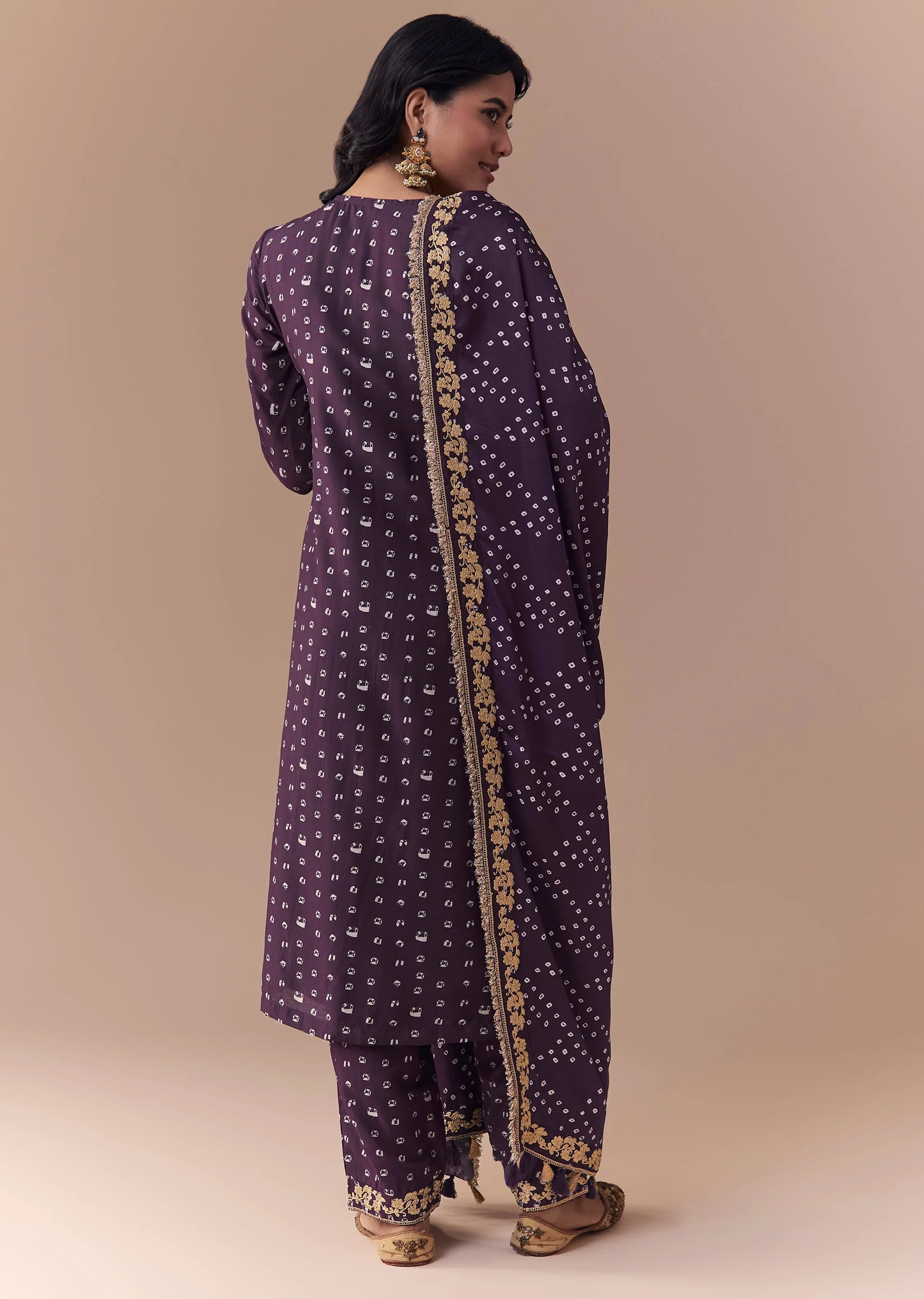 Purple Embellished Silk Bandhani Print Kurta Set - Image 5