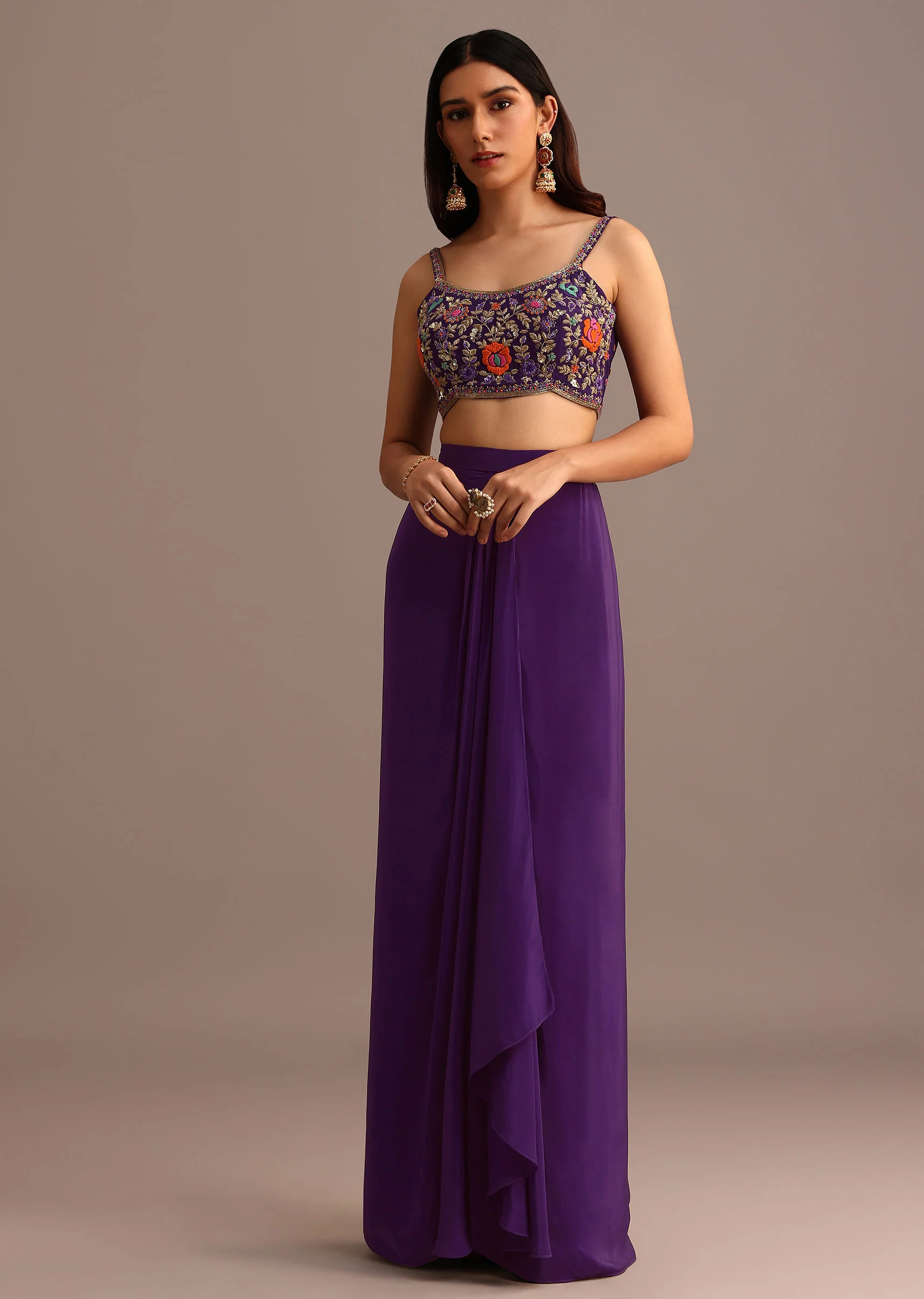 Purple Embroidered Croptop With Drape Skirt And Tussar Jacket - Image 6