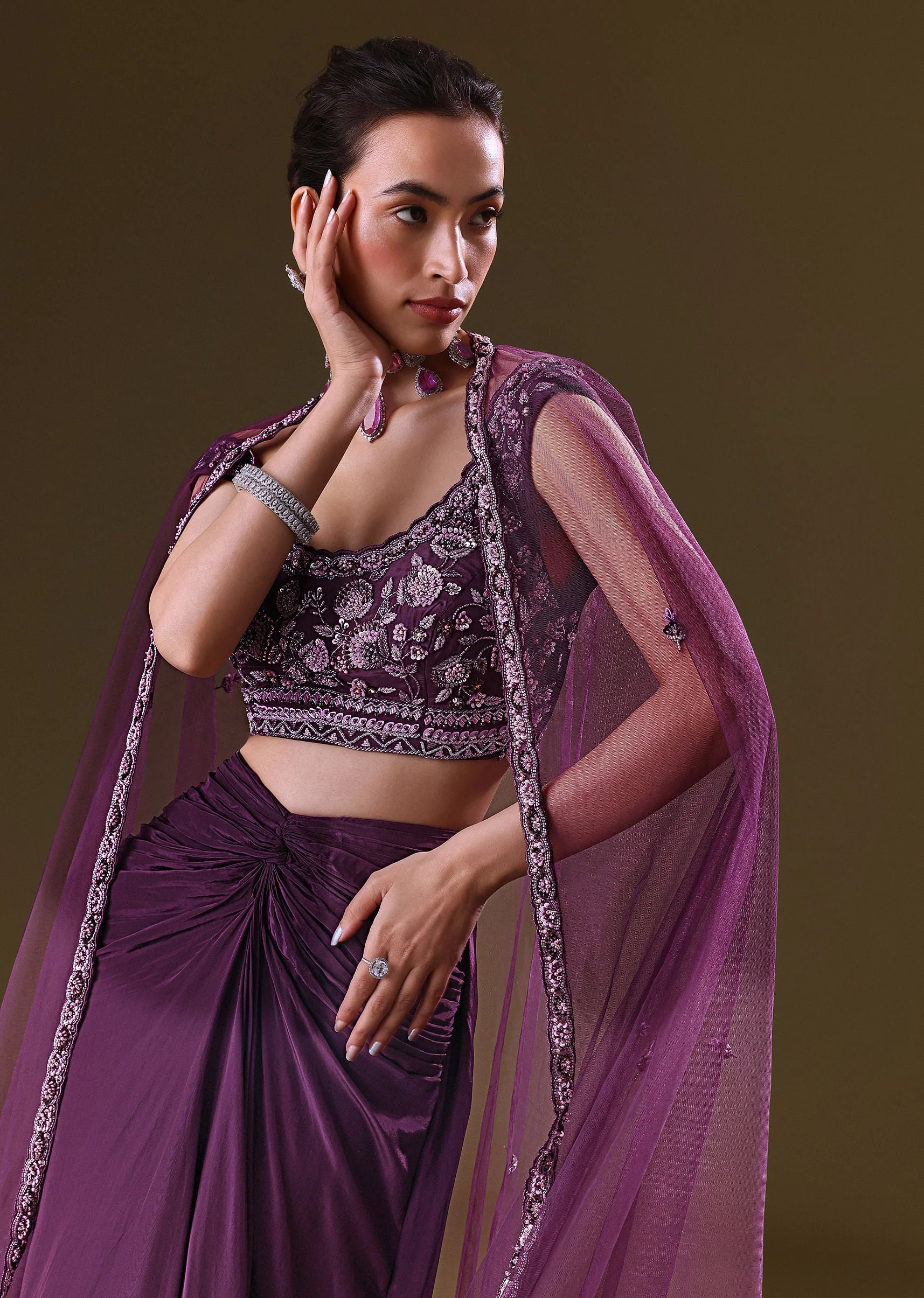 Purple Embroidered Drape Skirt With Embroidered Net Cape - Image 4