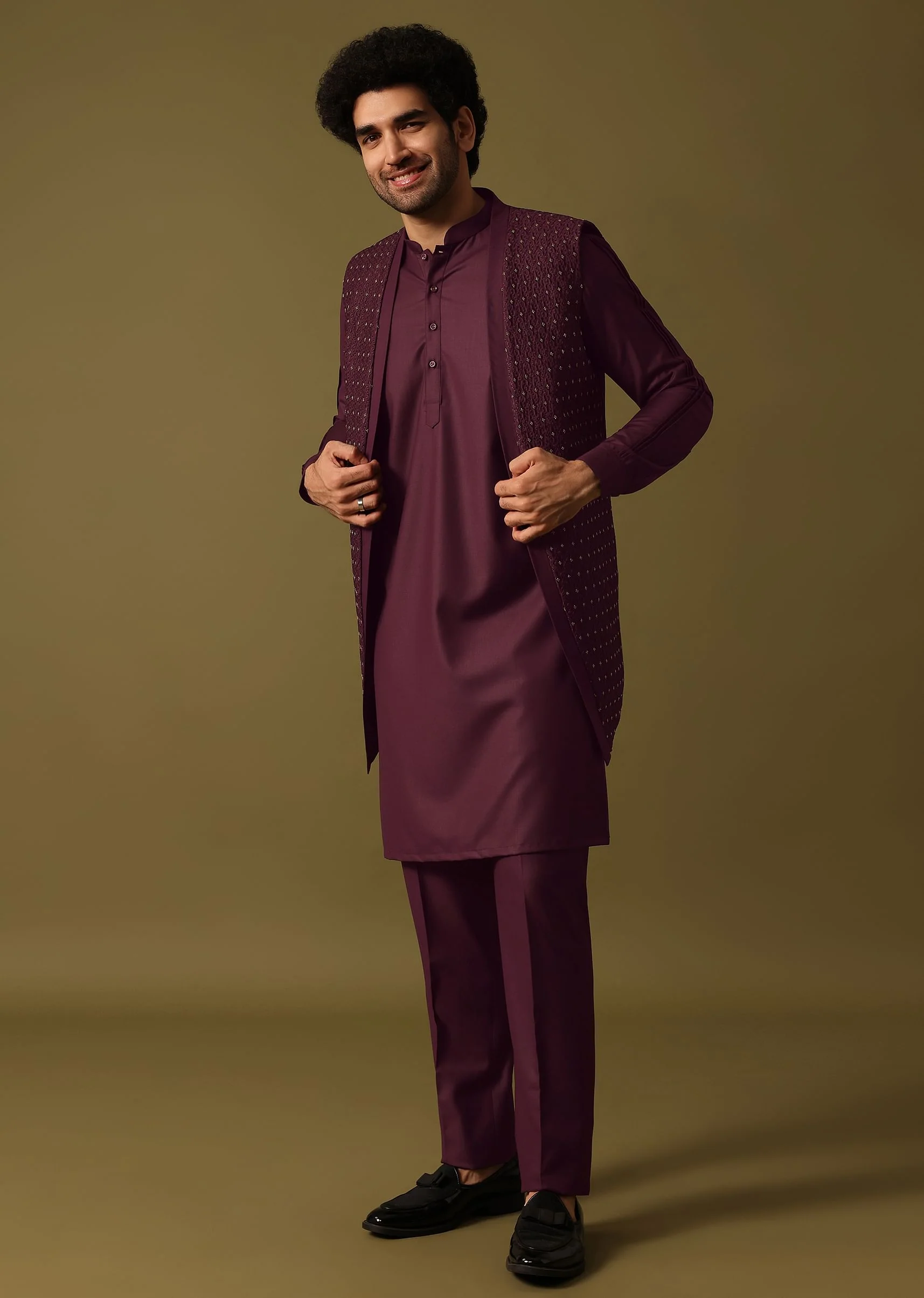 Purple Embroidered Kurta Jacket Set - Image 3