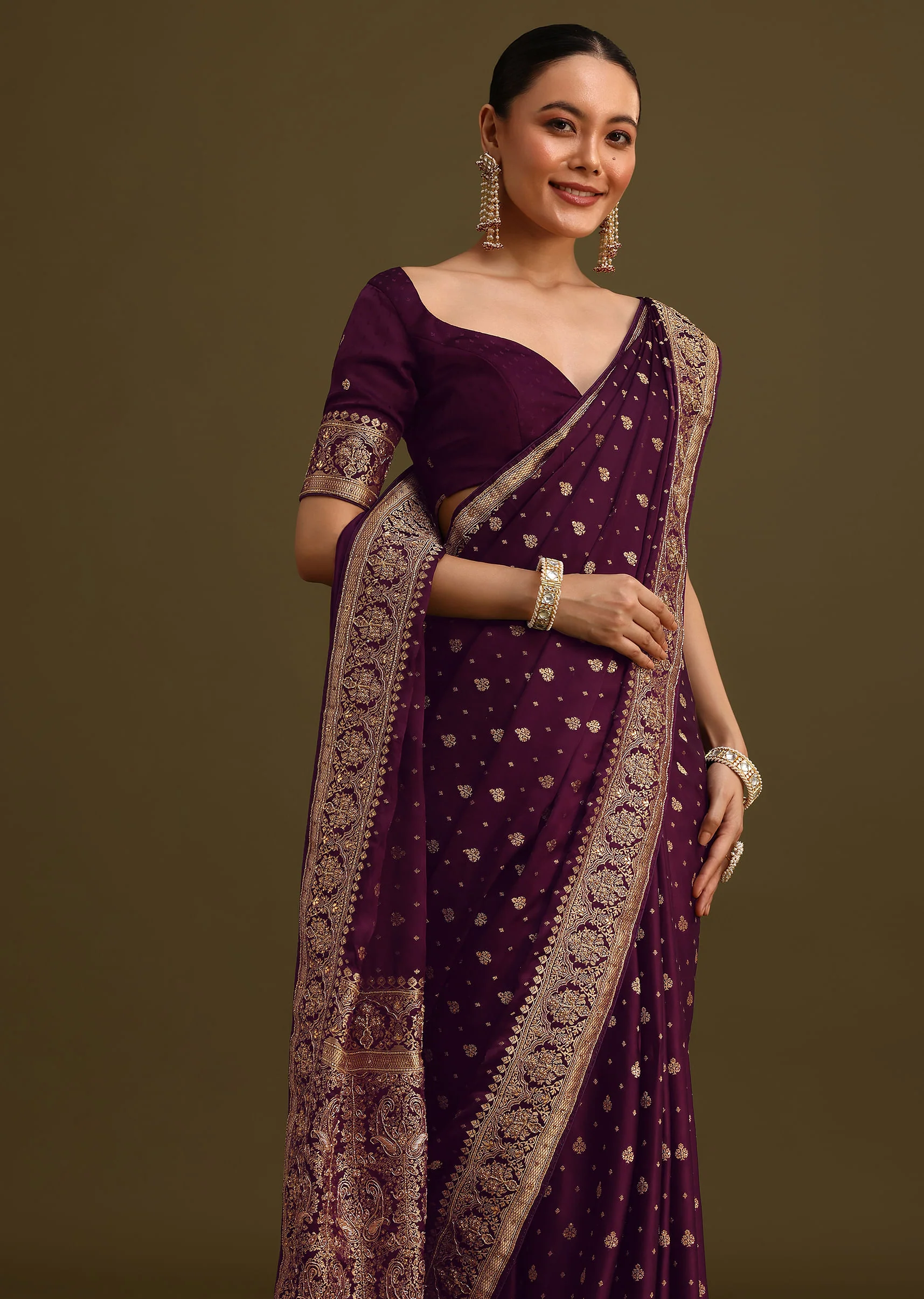 Purple Embroidered Saree With Zardosi Work And Unstitched Blouse - Image 5