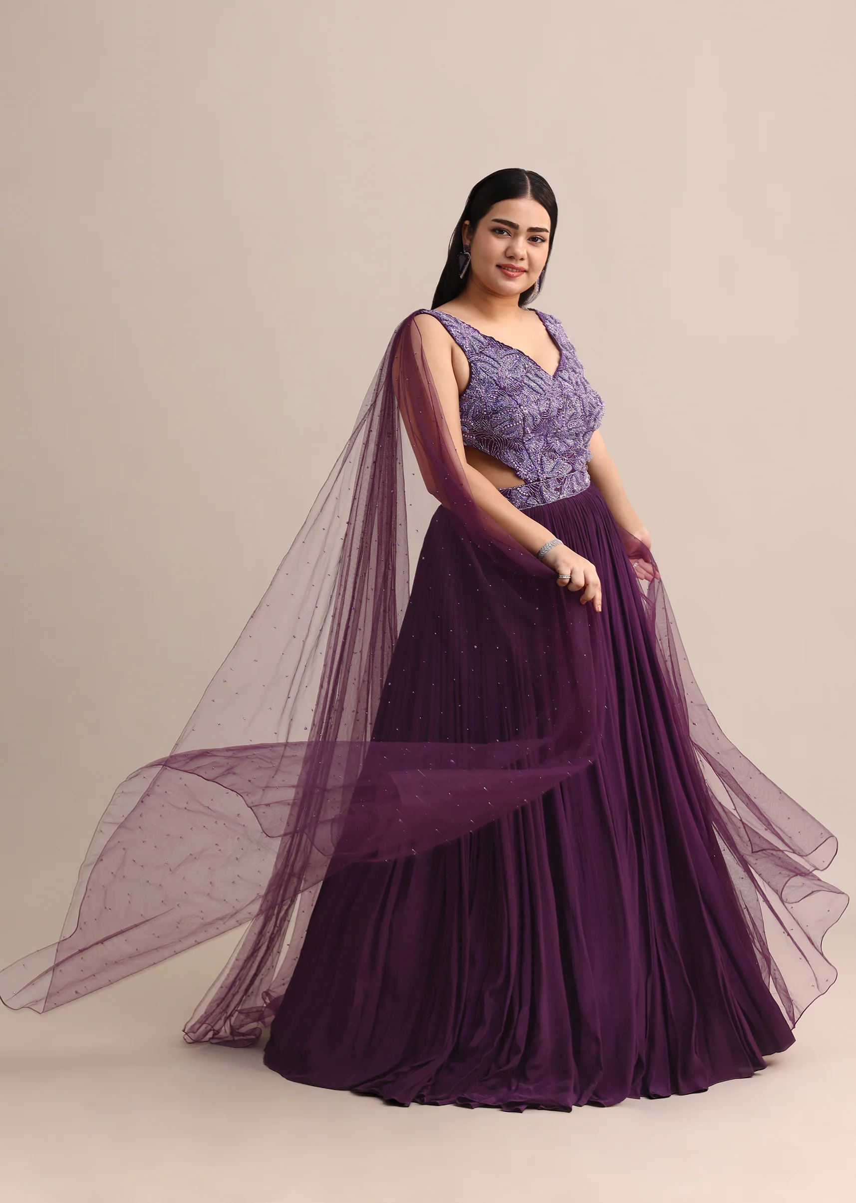 Purple Embroidered V Neck Gown With Side Cut - Image 3