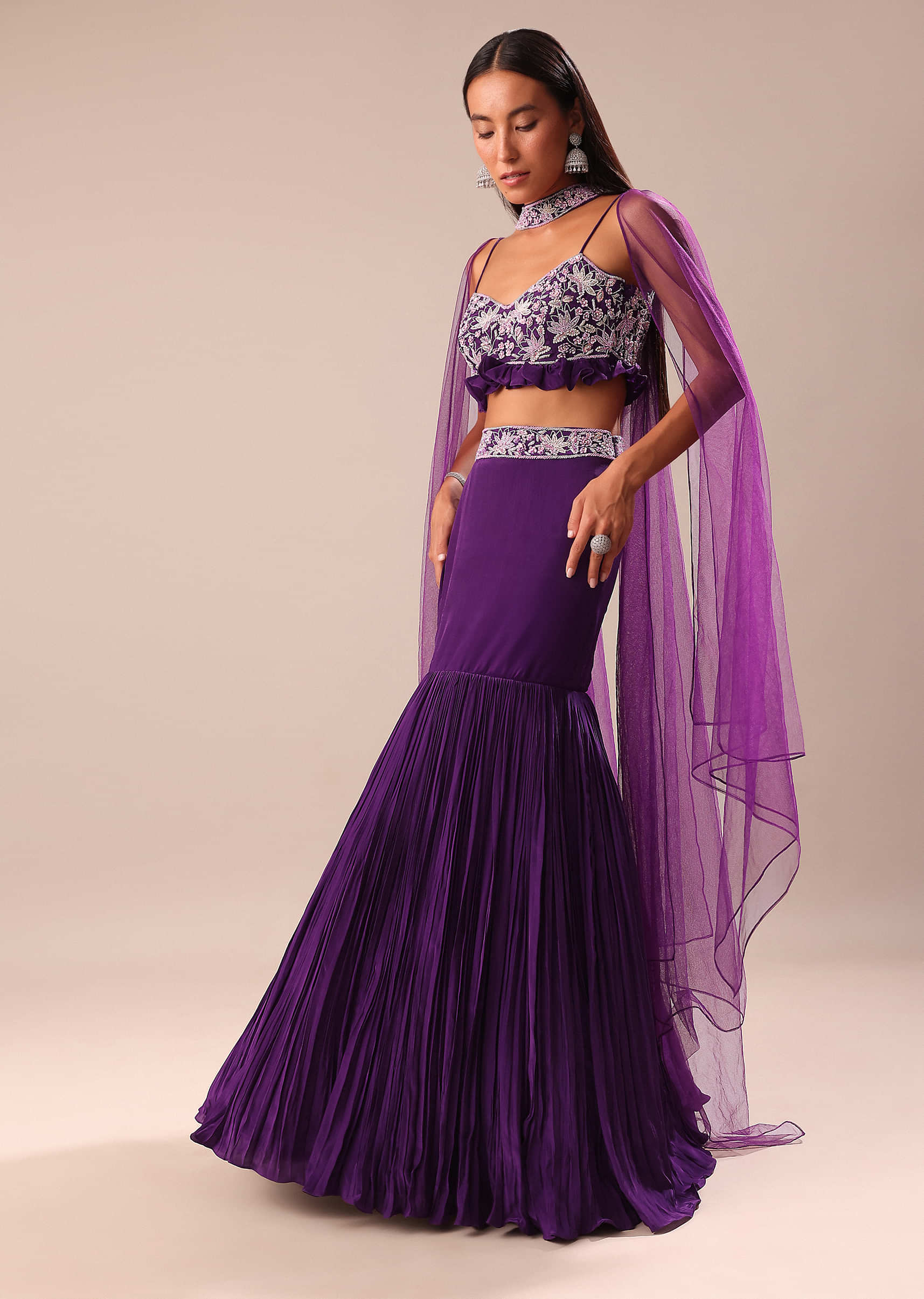 Purple Fishcut Skirt With Embroidered Blouse And Dupatta - Image 2